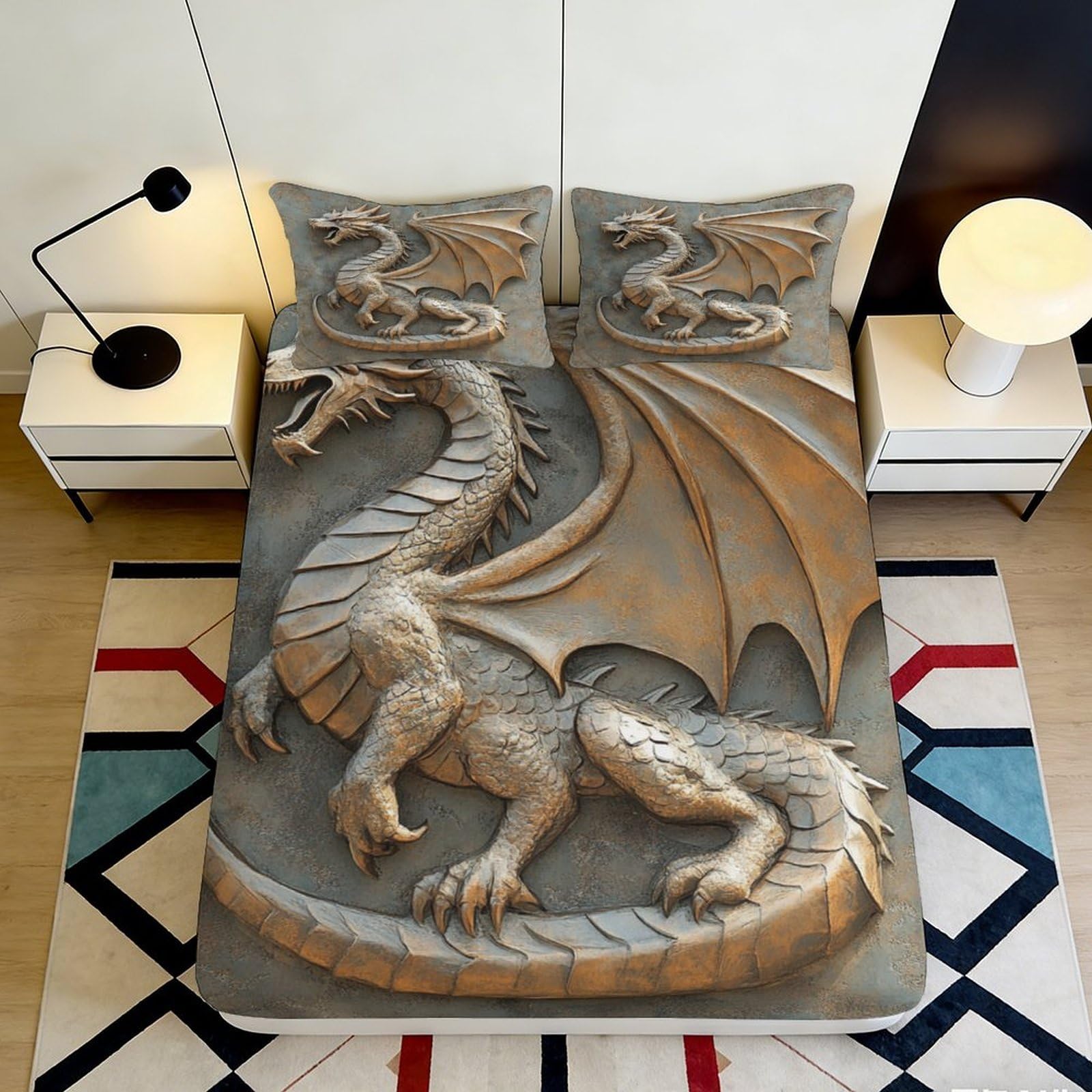 3D Printed Stone Dragon Fitted Sheet Microfiber Soft Grey Medieval Fantasy Bed Cover for Bedroom Dorm Mattress Protection Decor 90x200x25cm