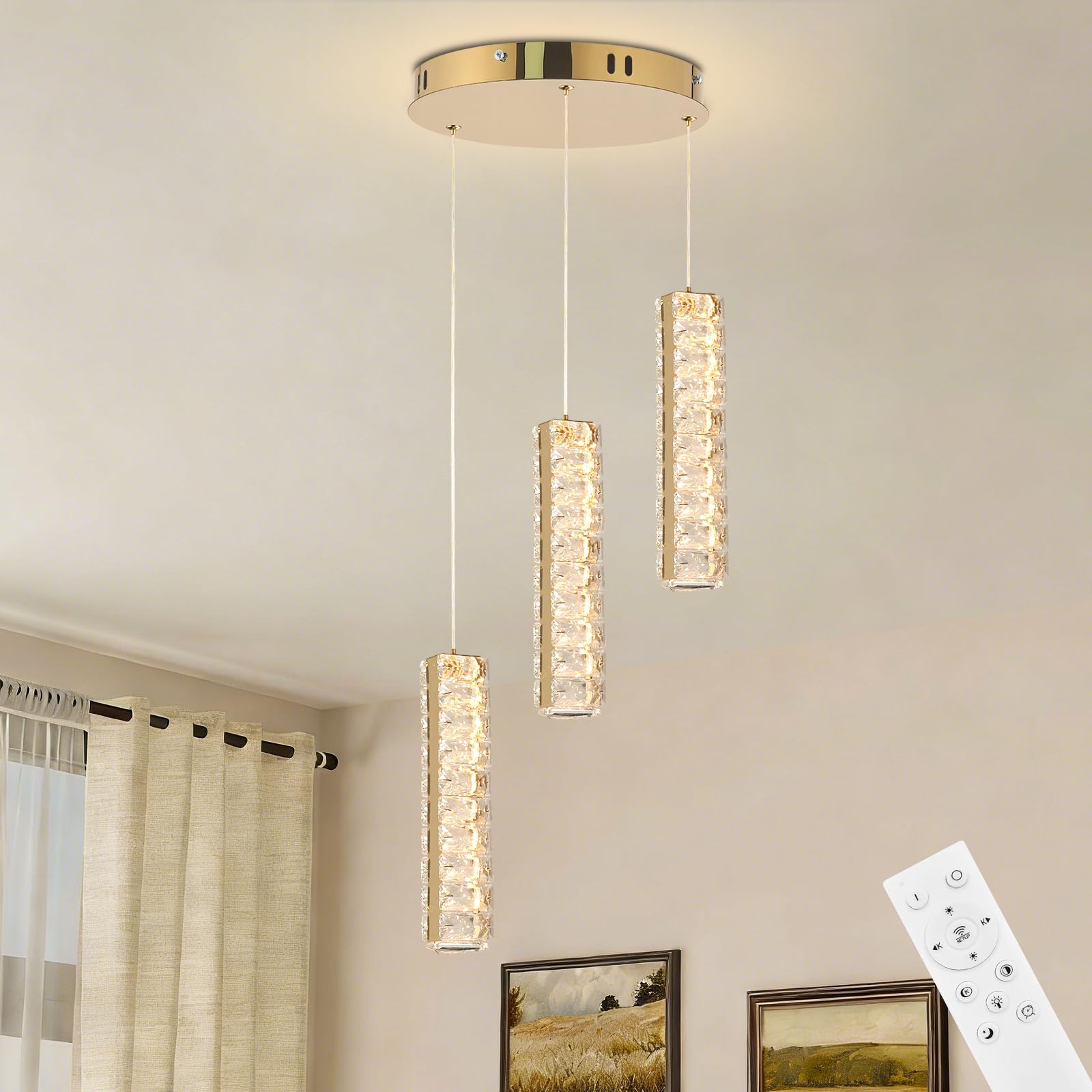 diisunbihuo 3 Light Crystal Pendant Light, Dimmable 3CCT LED Chandelier with Remote Control, Adjustable up to 1.4m, Copper Gold Tone for Kitchen Island & Dining Room — image 1