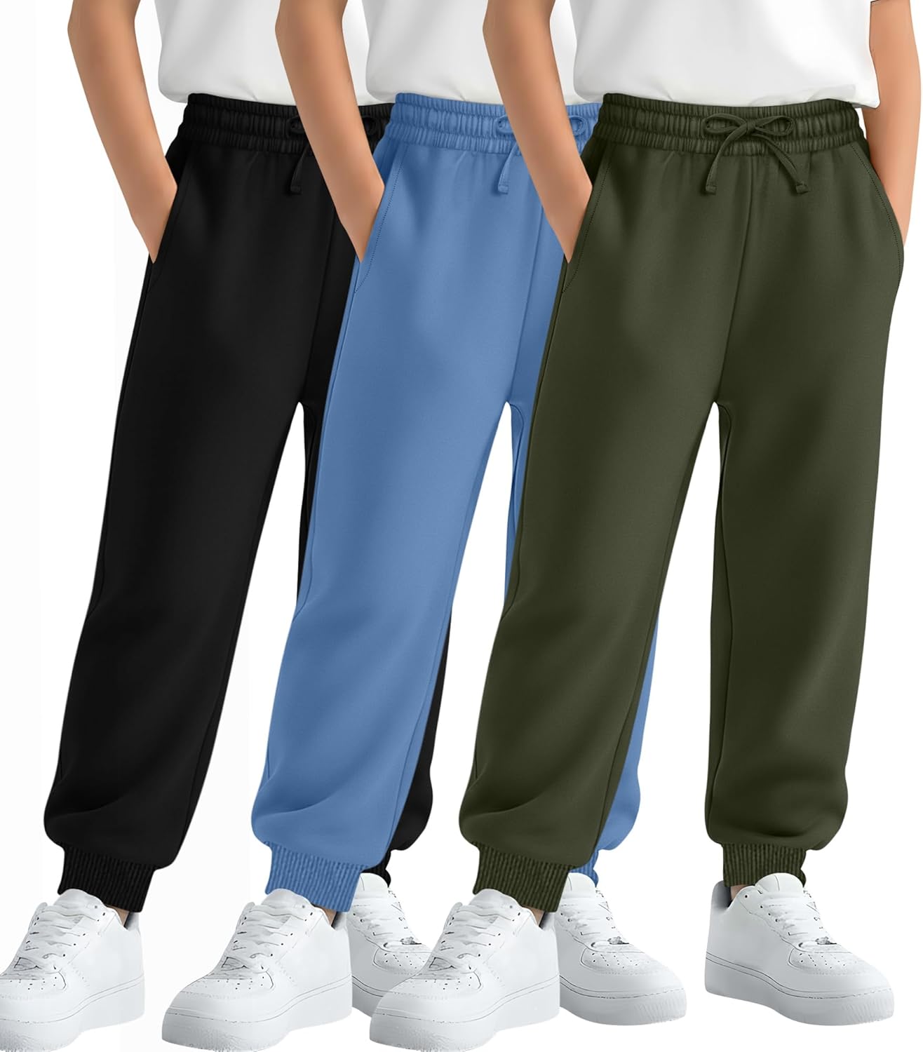 3 Pack Boys' Sweatpants Kids Athletic Joggers with Pockets Baggy Drawstring Casual Elastic Waist Pants