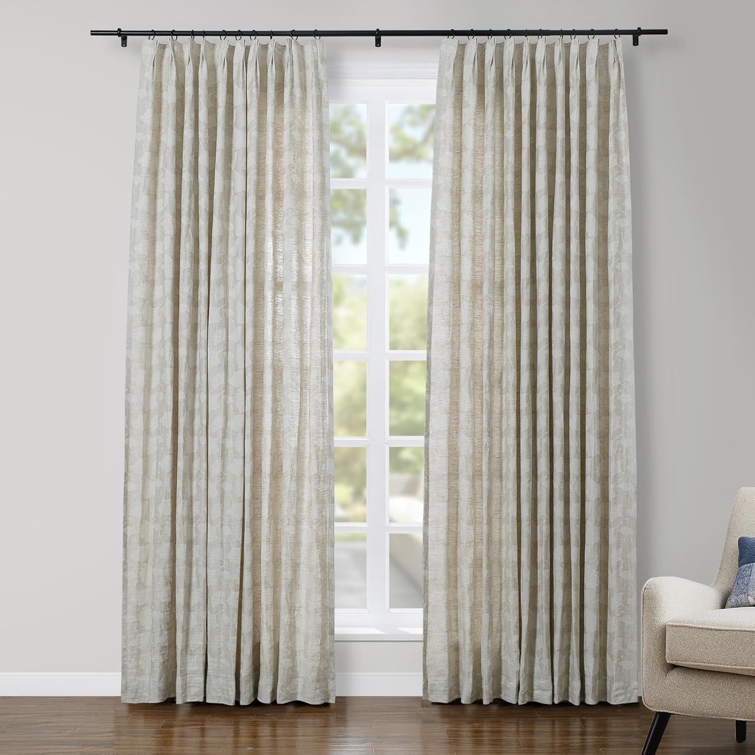 ChadMade Natural 52W x 84L Inches Linen Curtain, Light Filtering Embroidered Ginkgo Leaf Pinch Pleat Drape for Living Room/Country Style, Set of 1