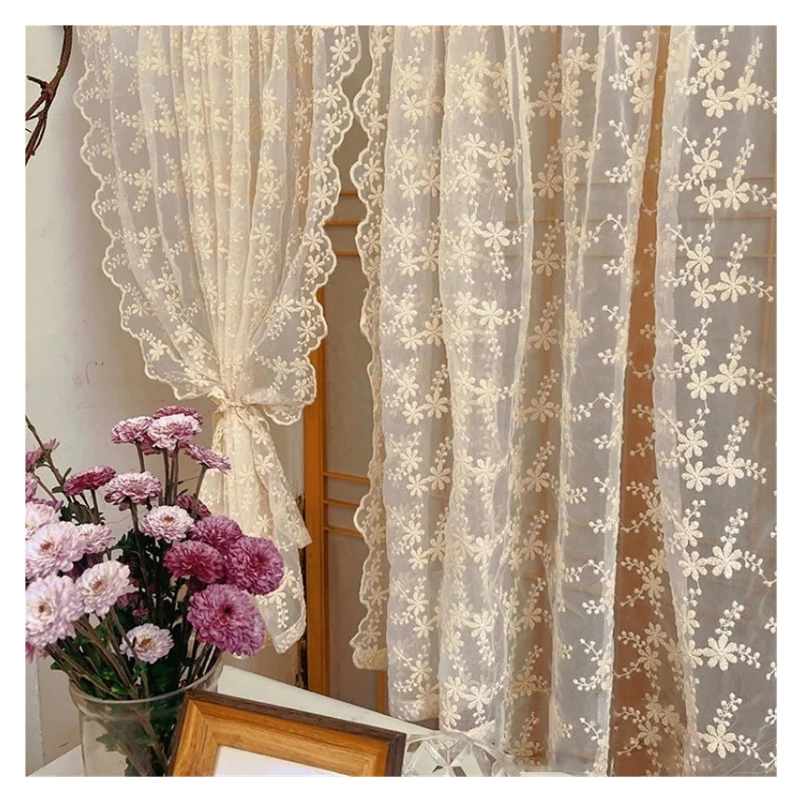 DFGRGRV Ruffle Curtains French Romance Lace Embroidered Flower Sheer Curtains for Bedroom, Dining Room, Half by Width 55inch(1PC-W140xH240CM)