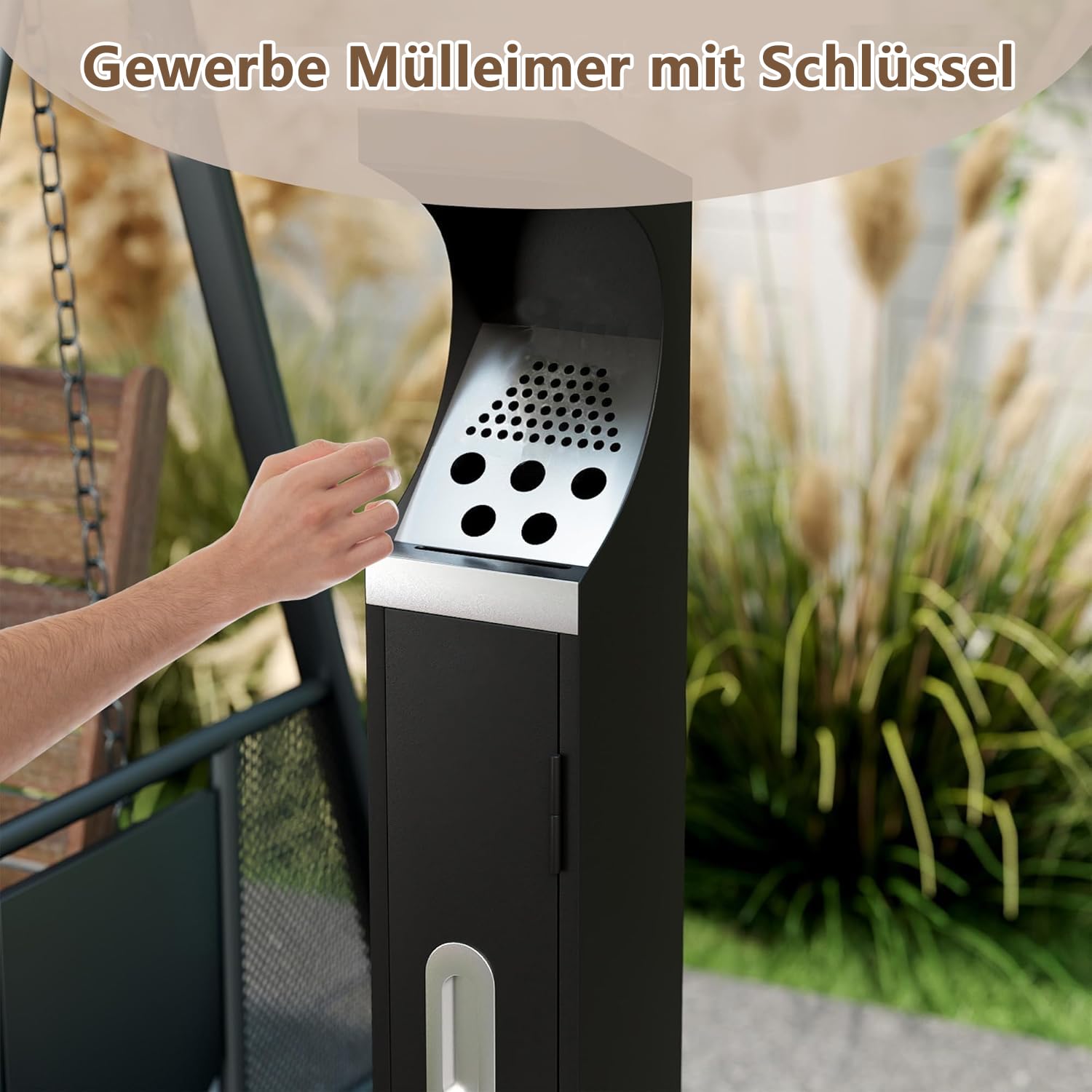Gewerbe Stahl Papierkorb Outdoor, wasserdicht stehender Mülleimer mit abnehmbarem Inneneimer, große Kapazität robuster Papiereimer für Home Büro Park Hotel Lobby 17x17x93 cm