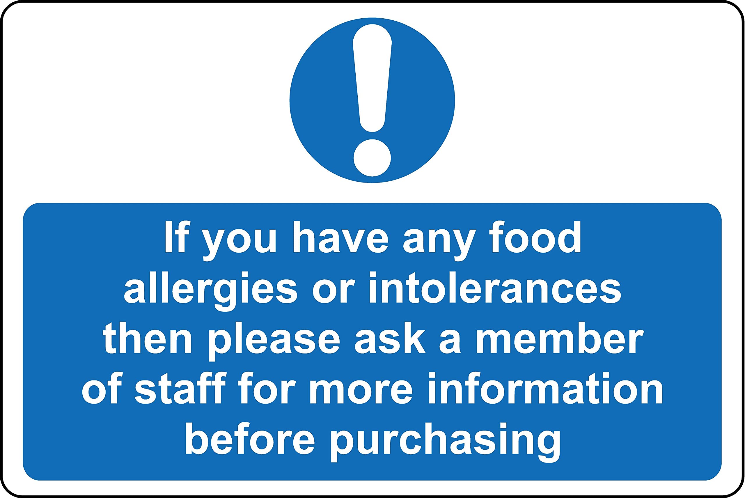 If you have any food allergies or intolerances please let me a staff member know sign - Self adhesive sticker (200mm x 150mm)