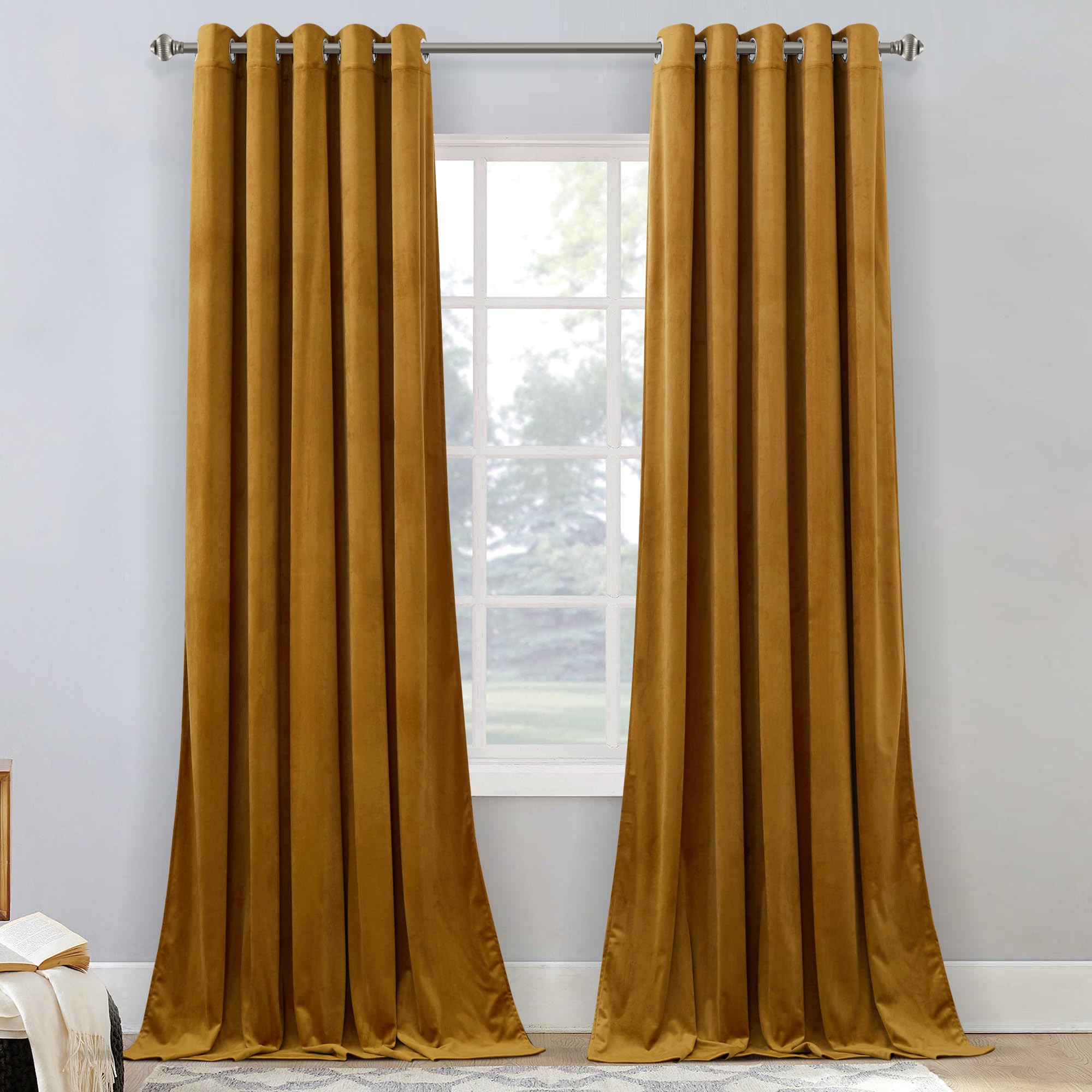 StangH Soft Mustard Gold Velvet Curtains Boho Decor 90 inches Long 2 Panels, Luxury Gold Thermal Insulated Backdrops for Party Thick Sunlight Blocking
