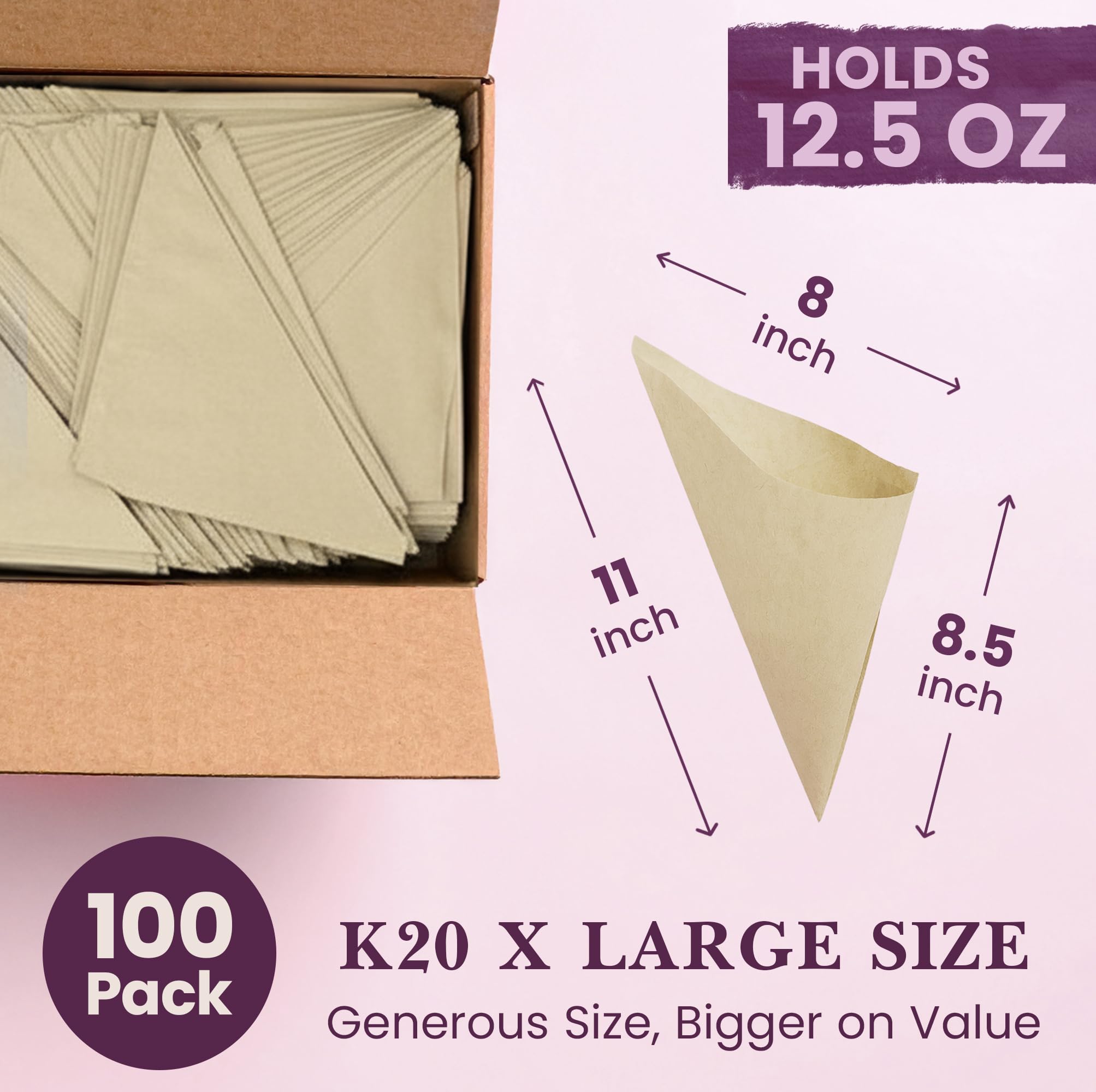 Lot de 100 cônes en papier écologique Taille XL K-20 Capacité 354 g