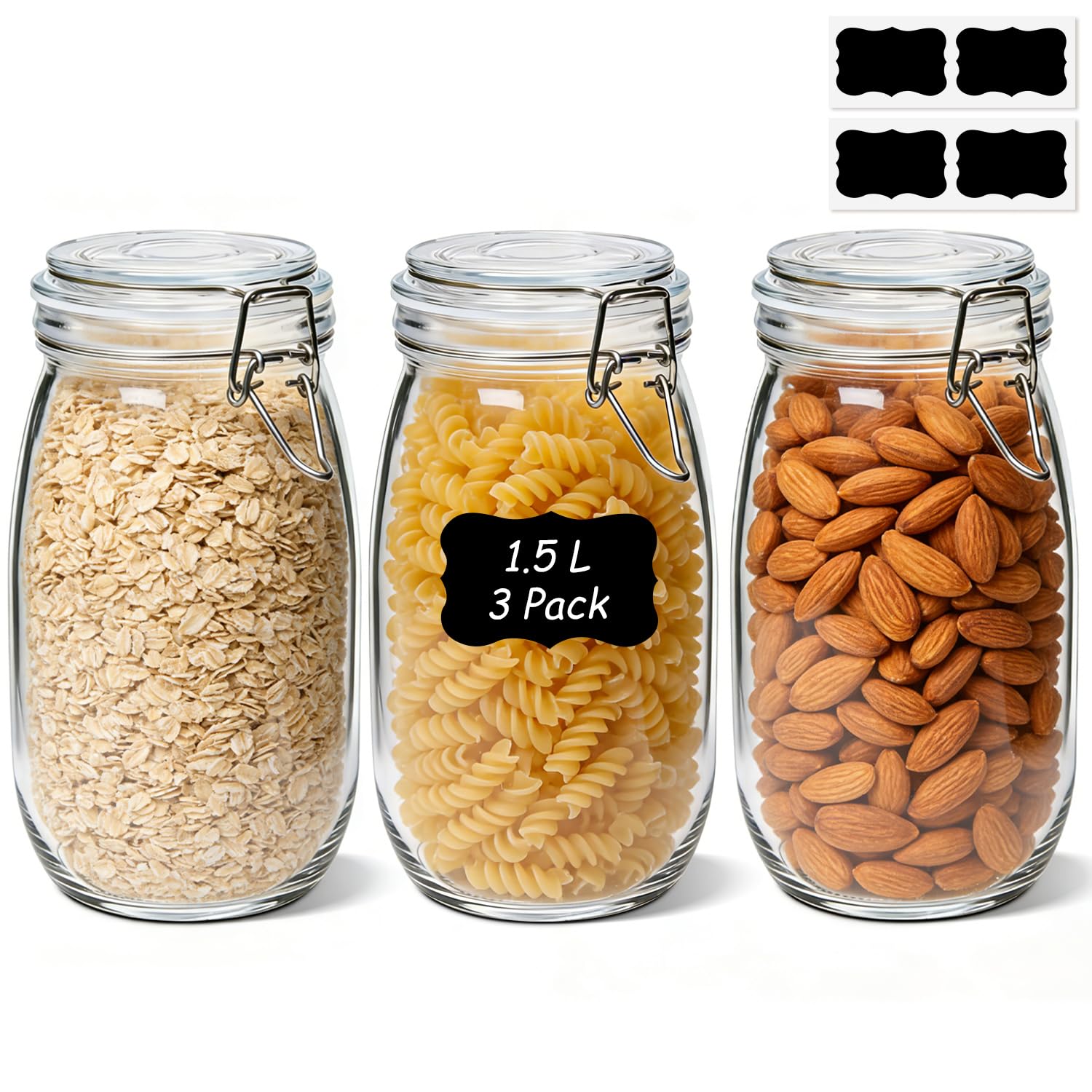 ComSaf 1.5L Round Glass Jars with Airtight Lids (3 Pack), Clip Top Storage Jars for Dry Foods, Glass Large Storage Containers with Lids, Pickling Jars for Preserving, Canning, Pasta, Flour & Cereal