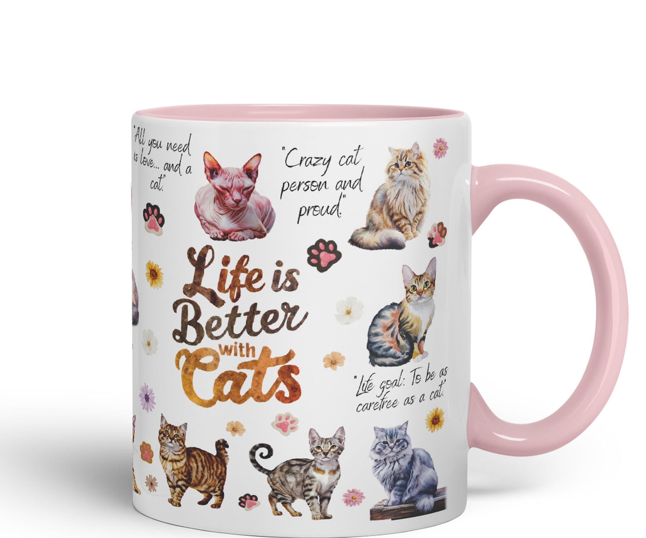 Life is Better with Cats Joke Pets kittten Ceramic Coloured Mug Cup for Tea Coffee Hot Brew 330ml 11Oz Gift (Pink)