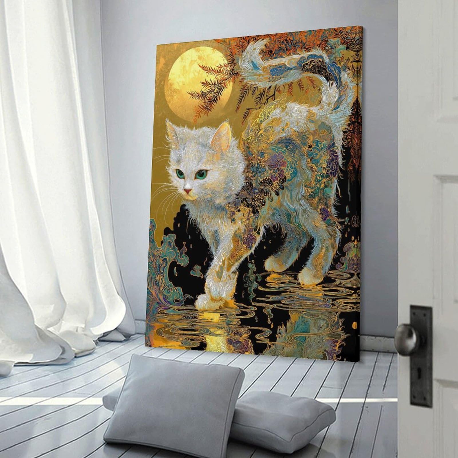 Junmoney Decorative Wall Artwork Ornate Cat Under Moonlight, 20x30inch(50x75cm), for Calm Bedrooms, Home Corners Or Flats, An Easy Wall Refresh for Bedrooms