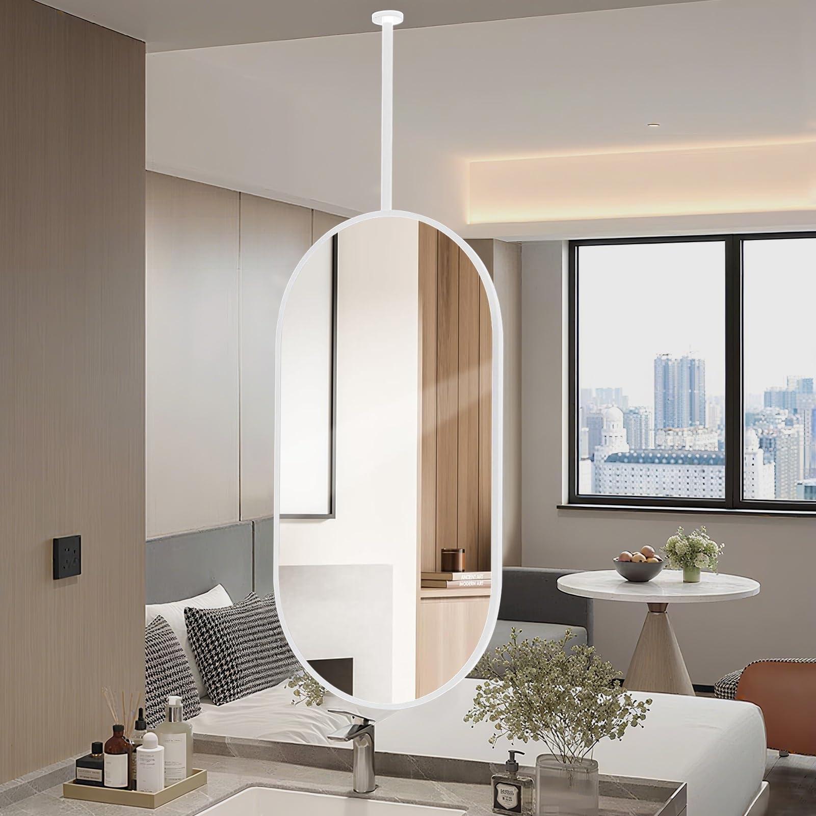 FGXHHS Modern Oval Mirror Metal Framed Mirror, White Ceiling Hanging Vanity HD Glass Creative Decorative Mirrors for Living Room Bedroom Bathroom Shaving Mirrors(50cmx60cm)