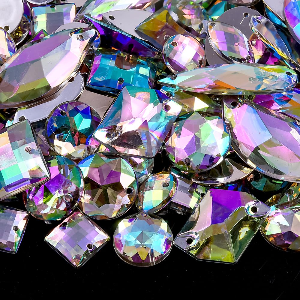Blinginbox 300pcs Acrylic Sew on Rhinestone Flatback Sewing Crystals Gems with 2 Holes, Mix Shapes & Sizes Multicolor Jewelry Gemstones for Clothes DIY Crafts Dress Shoes Bags Decorations Crystal AB