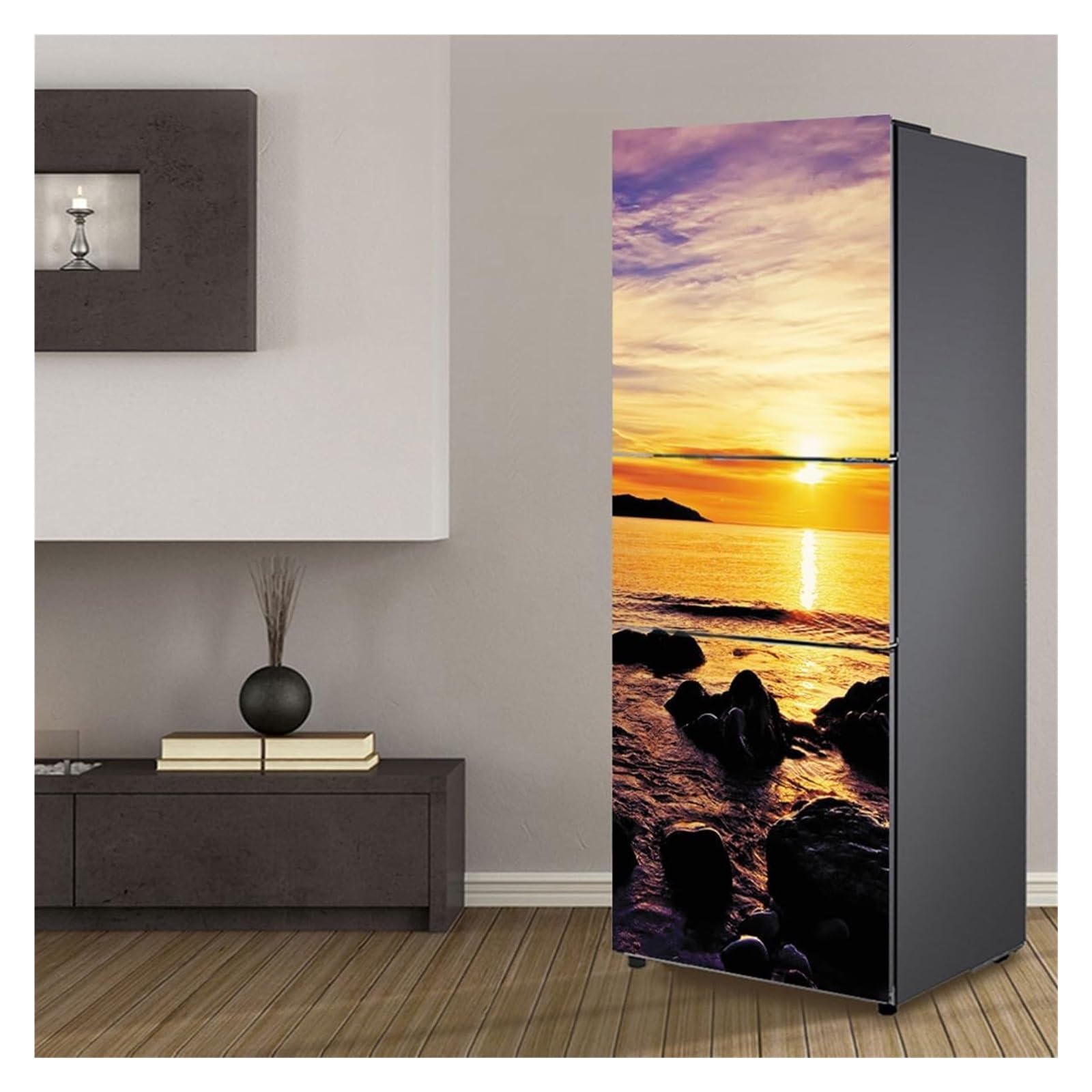 GDHKDDFL Minimalist, luxury-inspired fridge decals, Freezer Skins Wall Stickers for Kitchen Decal, Sunset Seascape Reef(S: 60x150 cm)