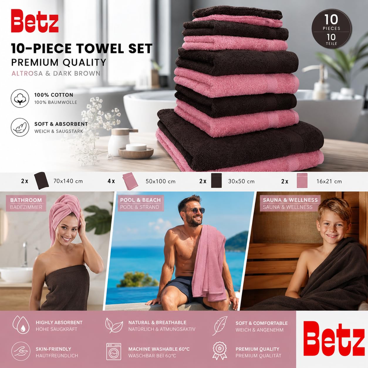 Betz 10-częściowy zestaw ręczników premium 100% bawełna 2 ręczniki kąpielowe 4 ręczniki do rąk 2 ręczniki dla gości 2 rękawice do mycia kolor ciemny brązowy i brudny róż