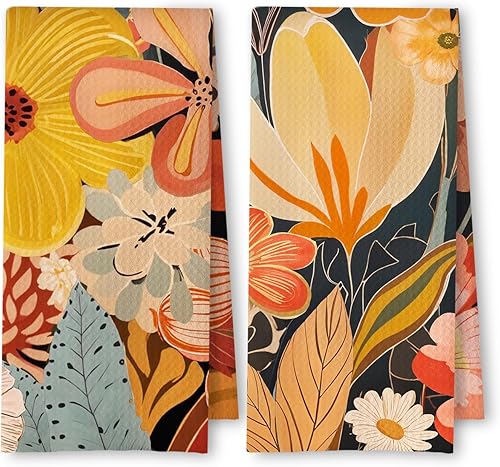 Miniatura 12 de Juego de 2 toallas de cocina florales bohemias abstractas verdes y negras, toallas de té/platos botánicas retro groovy de los años 70 para Verde y