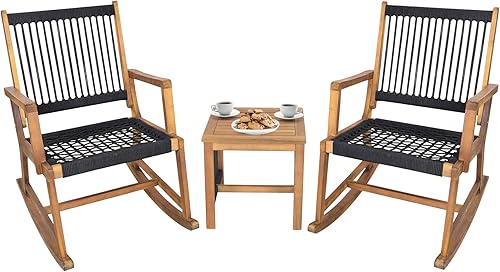HAPPYGRILL Juego de bistró mecedora de madera de acacia, juego de 3 piezas para patio con mesa auxiliar, juego de conversación de madera para todo