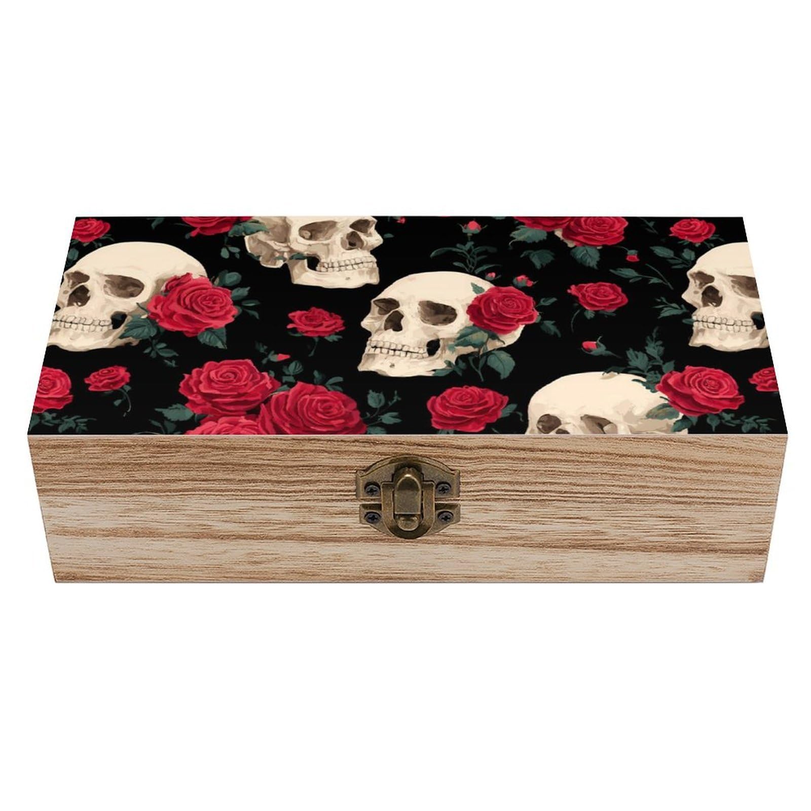 Skull And Rose Wooden Box with Hinged Lid Decorative Storage Case Container