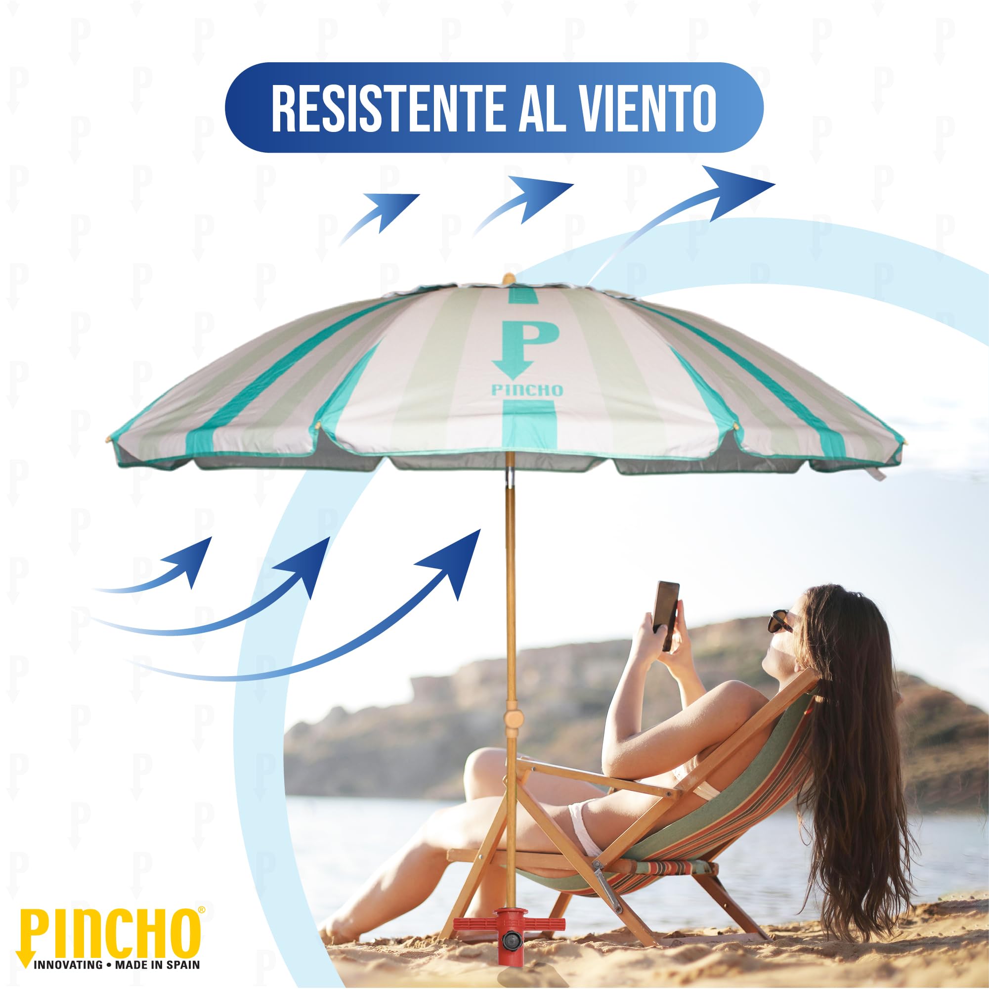 Pincho Sombrilla Playa Grande Familiar 200 cm, Sombrilla Playa Anti Viento UV50 Inclinable con Ventana, Soporte Anclaje y Bolsa Transporte, Tubo Aluminio Oxford, 8 Varillas Flexibles Fibra Vidrio