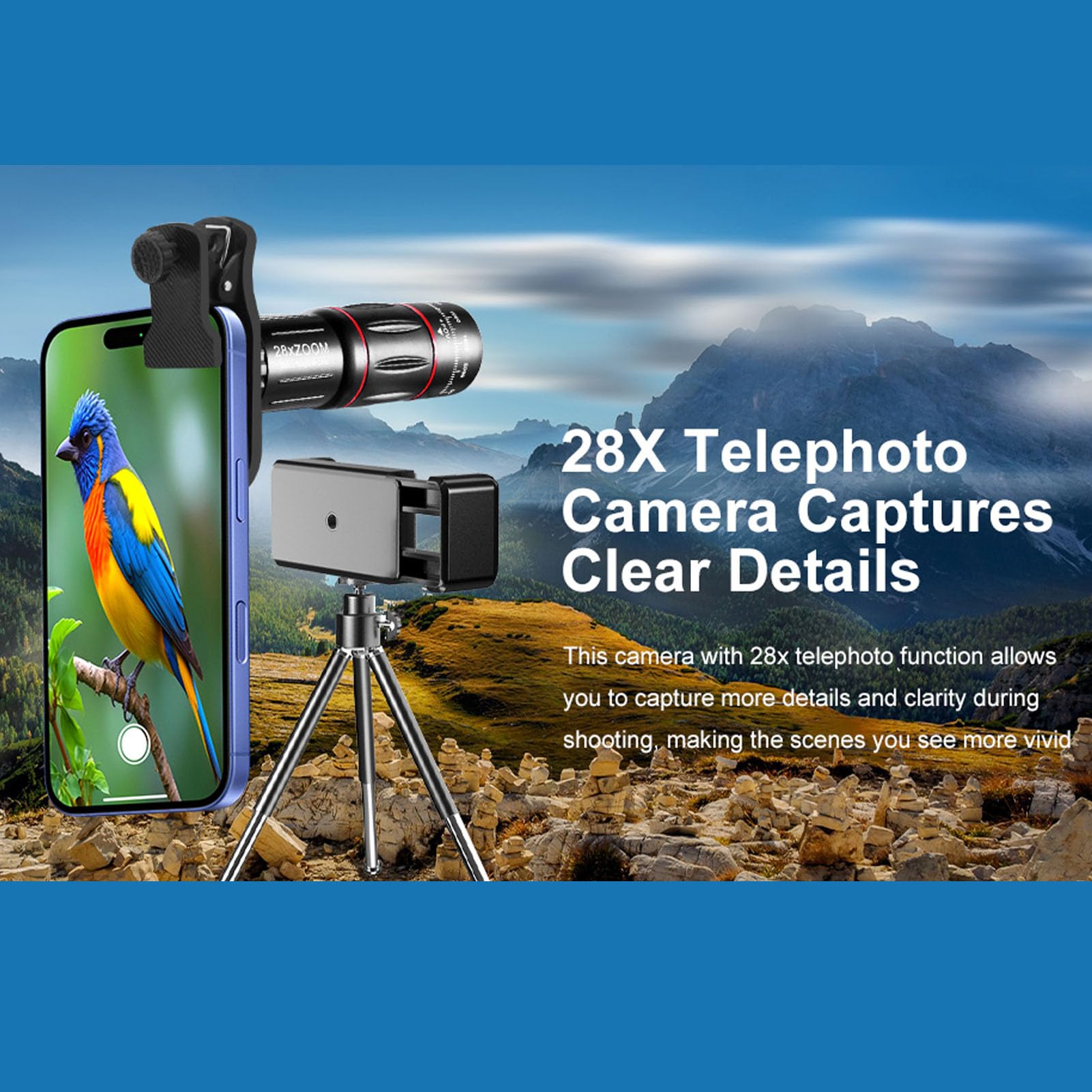 Dpofirs Kit Obiettivi Fotocamera Telefono, Set di Obiettivi Clip Universale 4 in 1 con Teleobiettivo 28X, Grandangolo 0,6X, 20X, Macro, Obiettivo Fisheye 198°, Morsetto Regolabile e