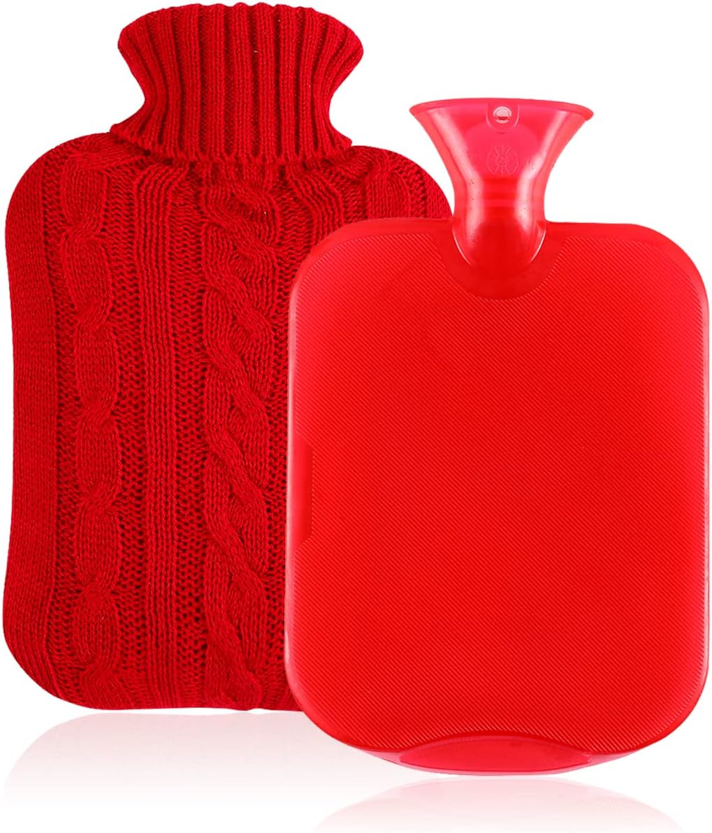 BAYUTE Classic Rubber Thermos with Lid Transparent Hot Water Bottle 2L with Knit Sleeve.(RED)