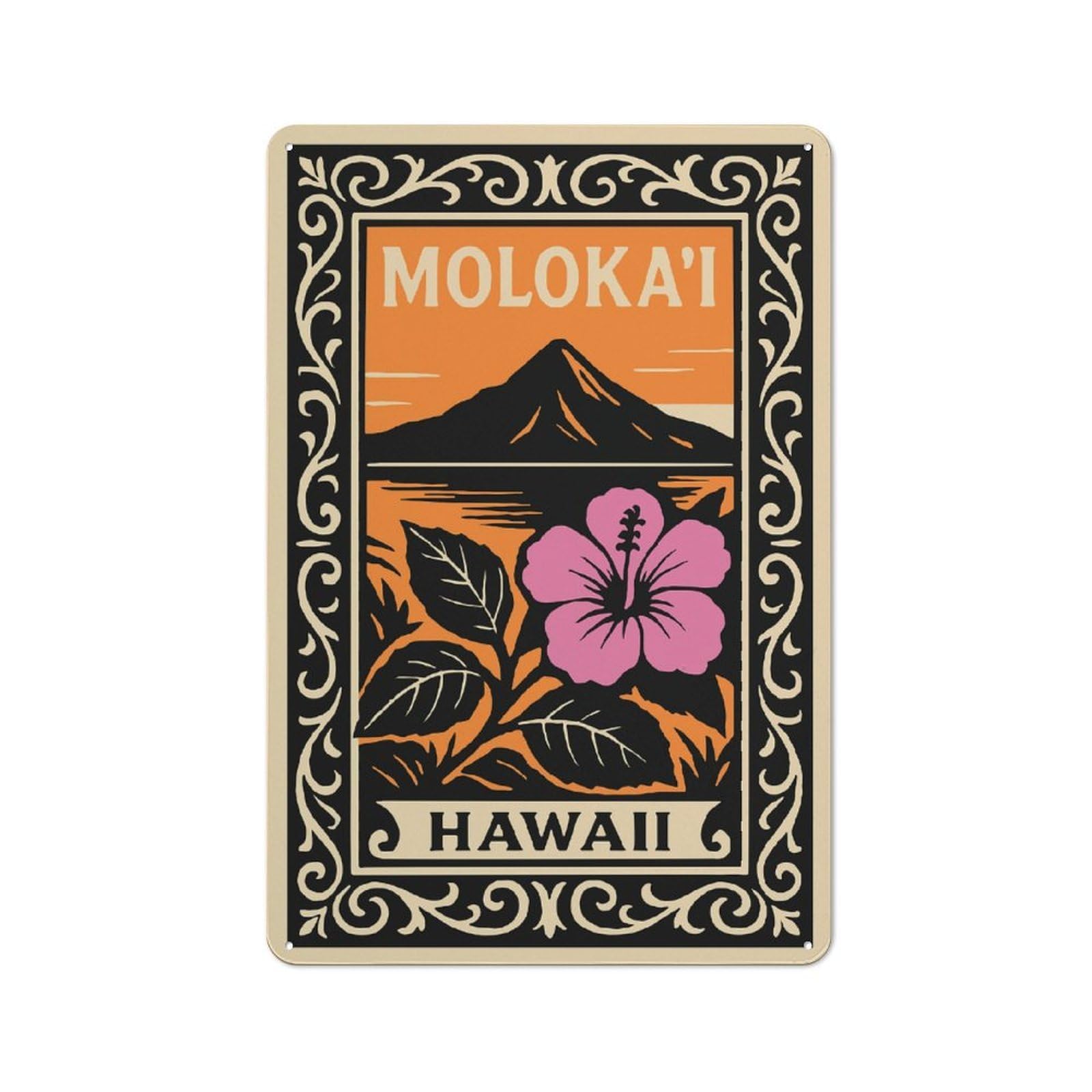 Junmoney Style-9 Metal Wall Sign 30X20cm Featuring Molokai Hawaii Hibiscus Landscape For Bar Or Restaurant, Gift For Bar Decor Enthusiasts During The Christmas Season