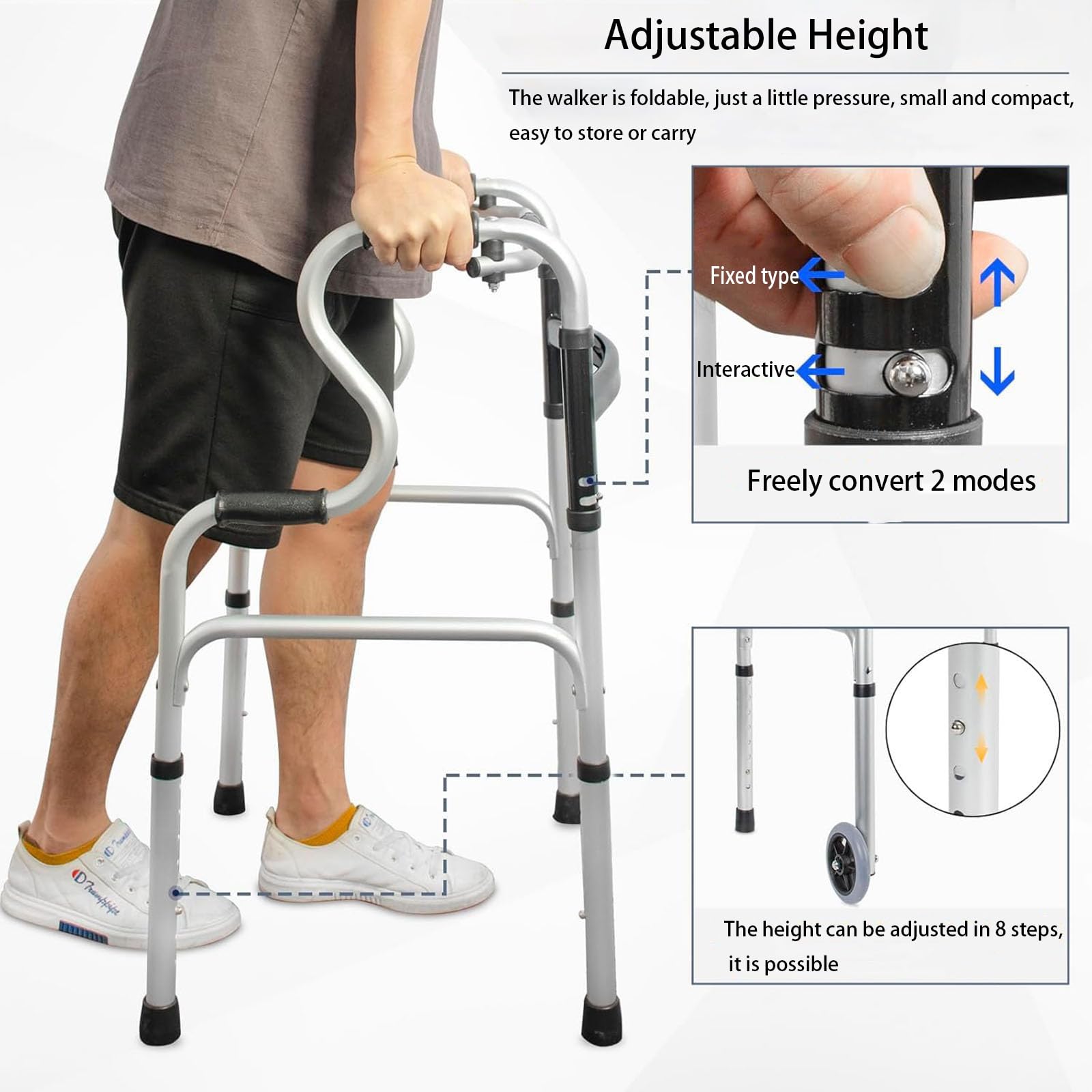 Andadores para Personas Mayores, andadores Verticales Ligeros, Andador Plegable con Asiento y Ruedas, 6 Niveles de Ajuste de Altura, Capacidad de Carga de 120 kg