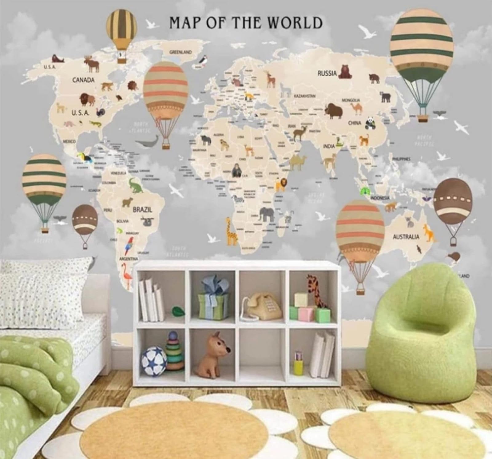 Papier peint 3D carte du monde montgolfière XLMING 250x170cm pour salon