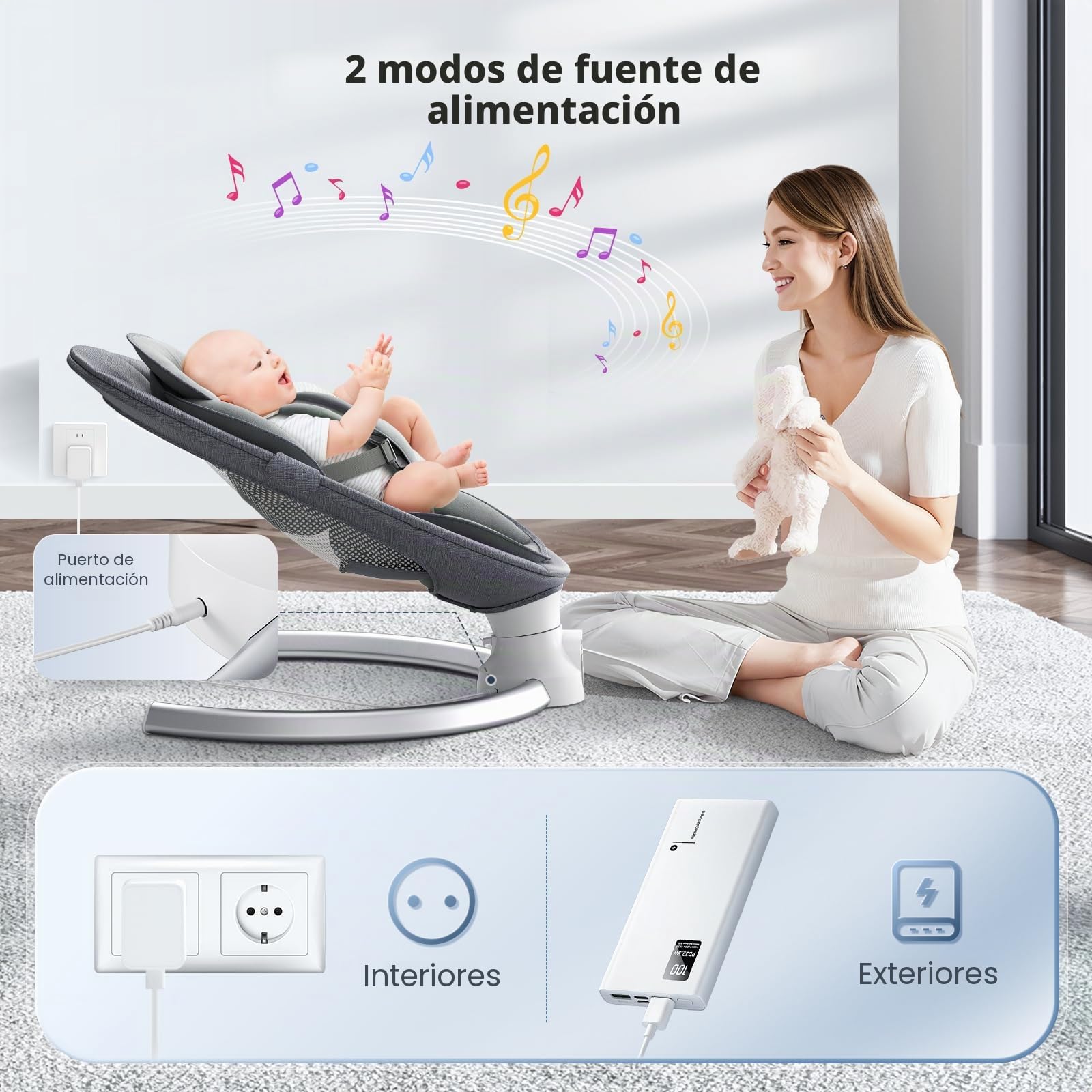 Columpio para bebés, balancín eléctrico con aplicación y mando a distancia, arnés de 5 puntos mejorado, 10 canciones Bluetooth y 5 velocidades, soporta 9 kg