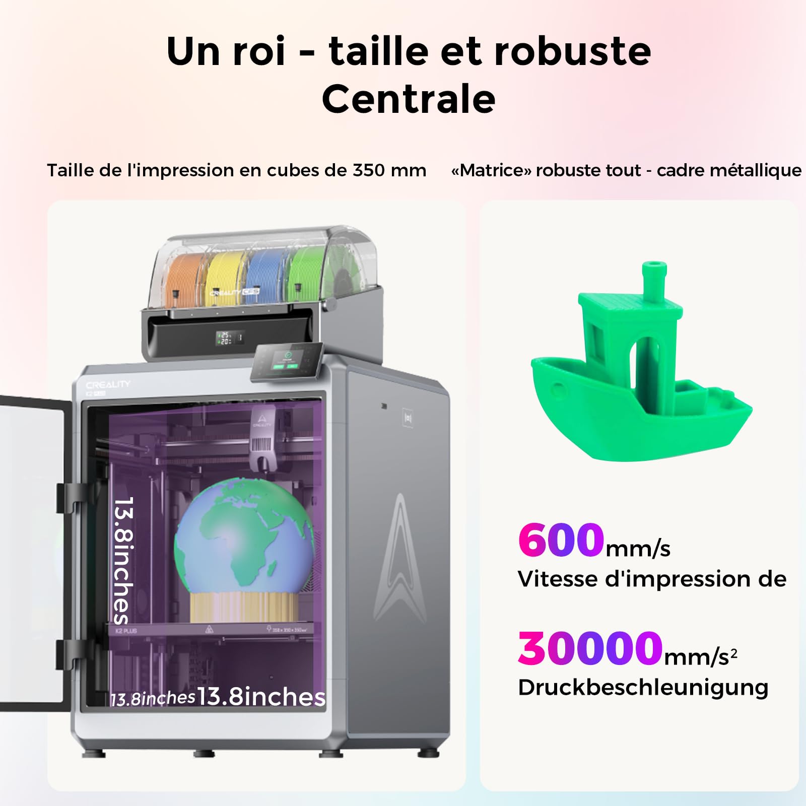 Imprimante 3D Creality K2 Plus Combo, Impression Multicolore avec CFS, Vitesse d'impression de 600 mm/s, extrudeuse à entraînement Direct Haute température 350 °C, 13,78 x 13,78 x 13,78 Pouces
