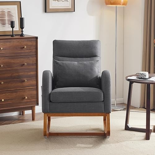 Miniatura 7 de VINGLI Mecedora de lino naranja con reposacabezas grueso, mecedora tapizada de mediados de siglo con reposabrazos curvos, base de madera maciza