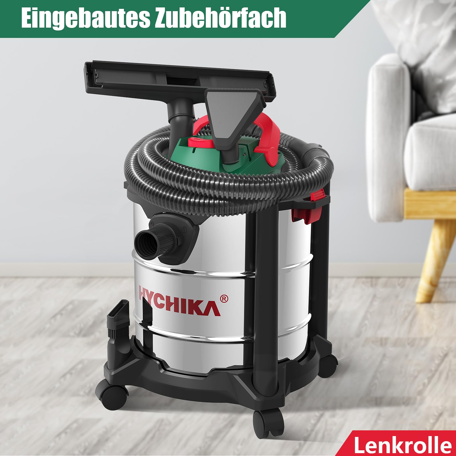 HYCHIKA Nass Trockensauger, 1200W Industriestaubsauger 20L Edelstahlbehälter, Nass- & Trockensauger Blasen, mit HEPA-Filter und Zubehör ideal für Industrie und Haushalt