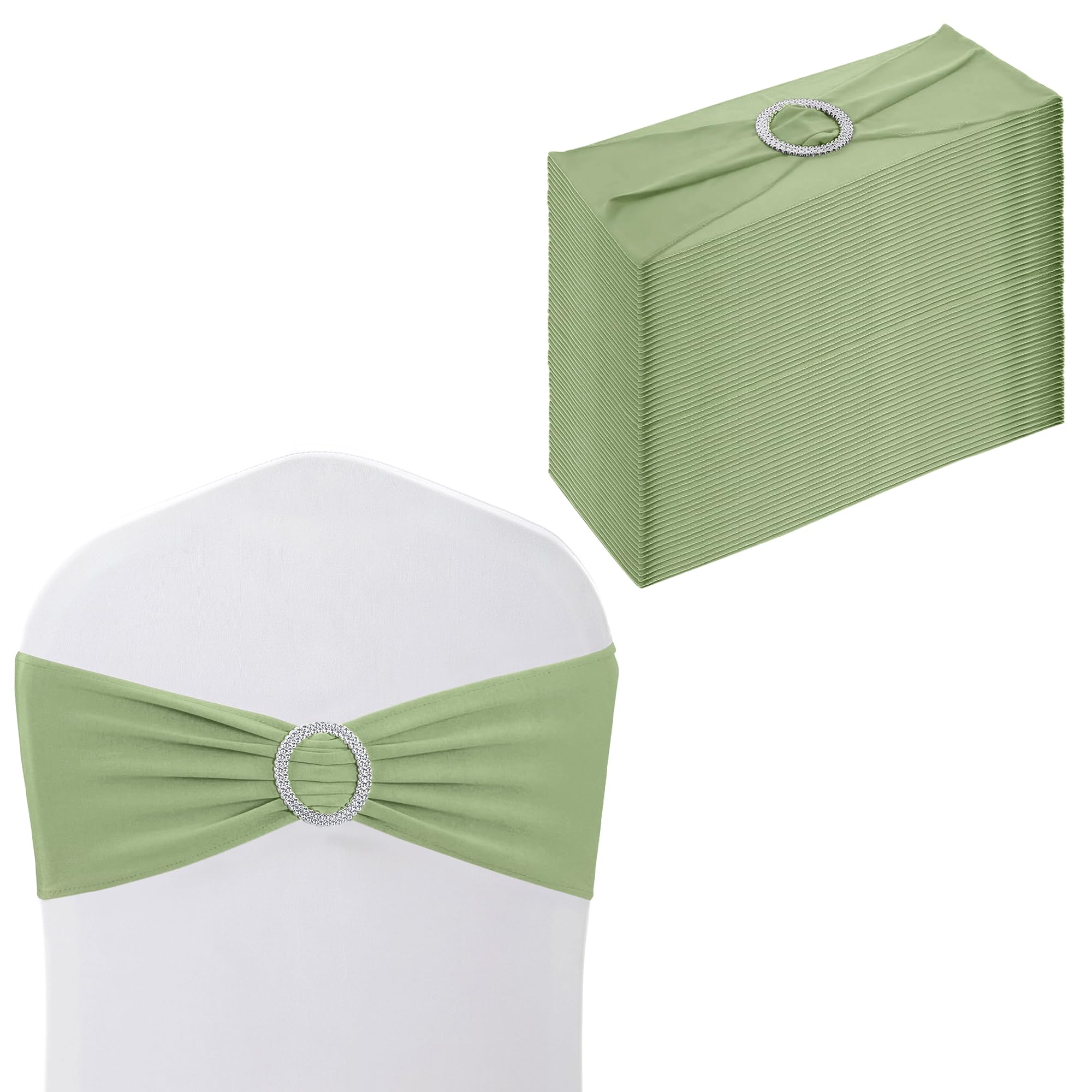 WedDecor Plain Spandex Chair Bands with Slider Buckle, Sage Green, 50pcs โ image 1