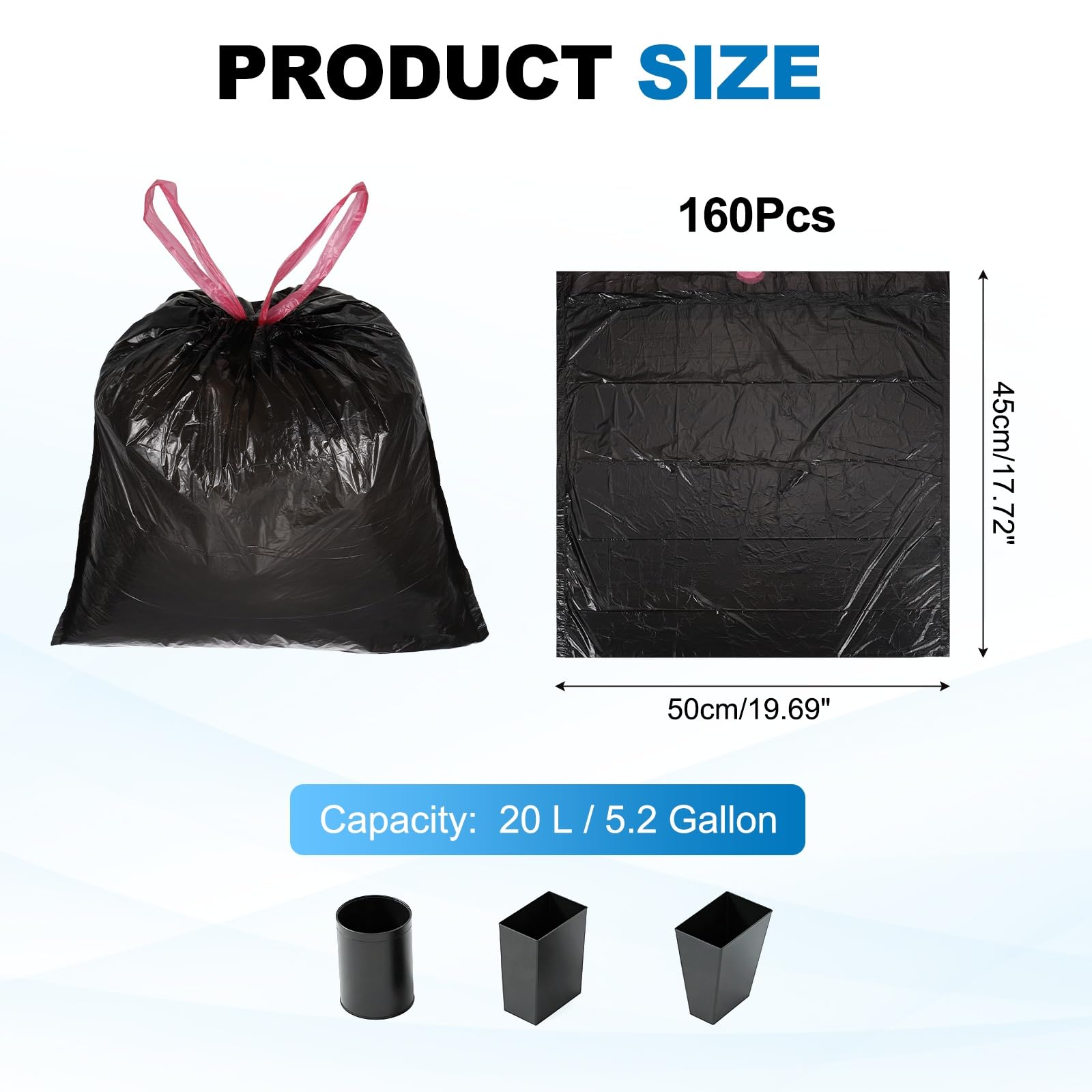sourcing map 160 bolsas de basura con cordón, bolsas de basura de 5.2 galones, 20 pulgadas, sin perfume, diseño sin desgarros, para el hogar, oficina, cocina, sala de estar, dormitorio, automóvil