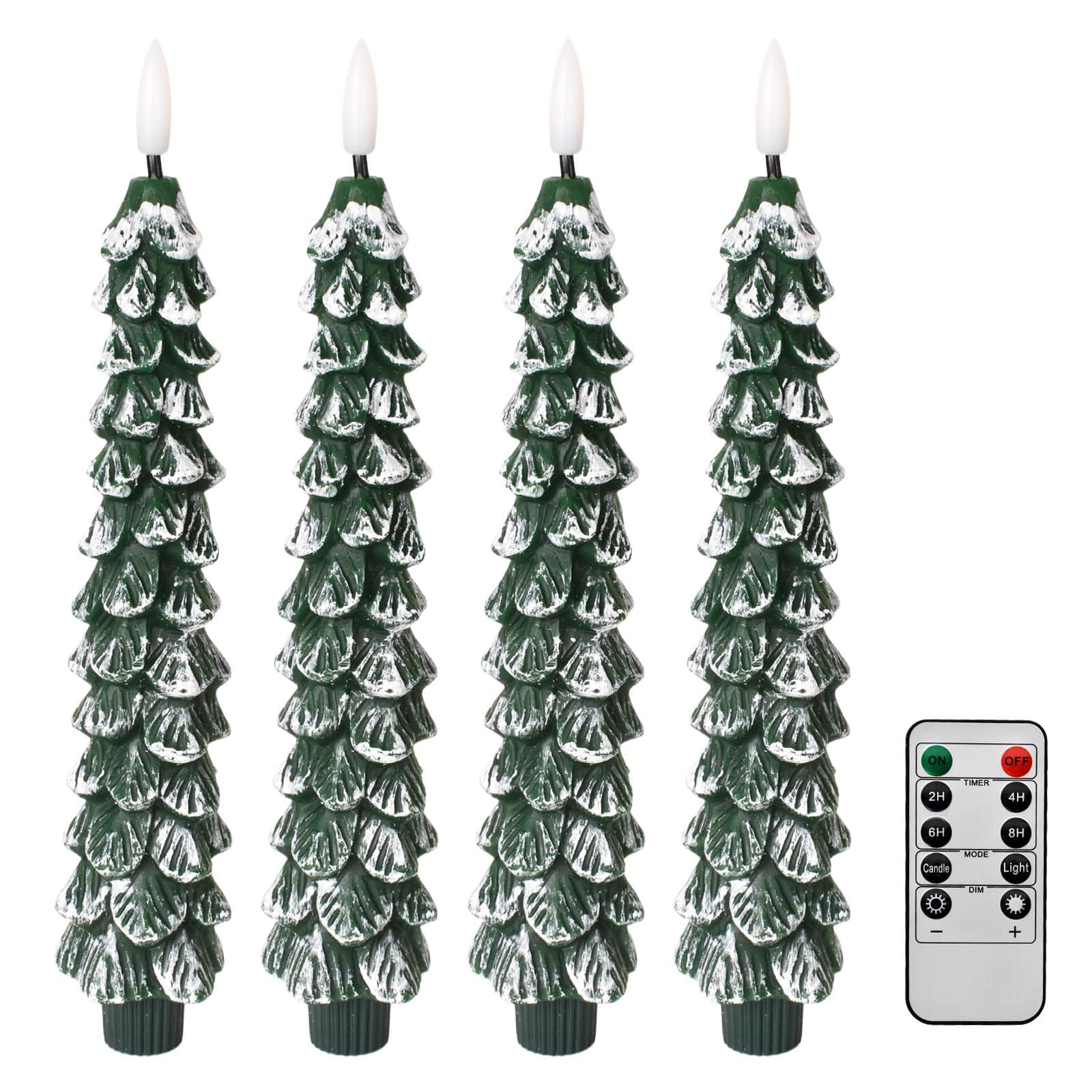 olexy 4 Pack Christmas Tree LED Taper Flameless Candle with Timer Remote, 9.65 Inches Christmas Tree Candlesticks Flickering Candle Lights for Holiday Home Fireplace Xmas Party Décor Gifts (Green2)