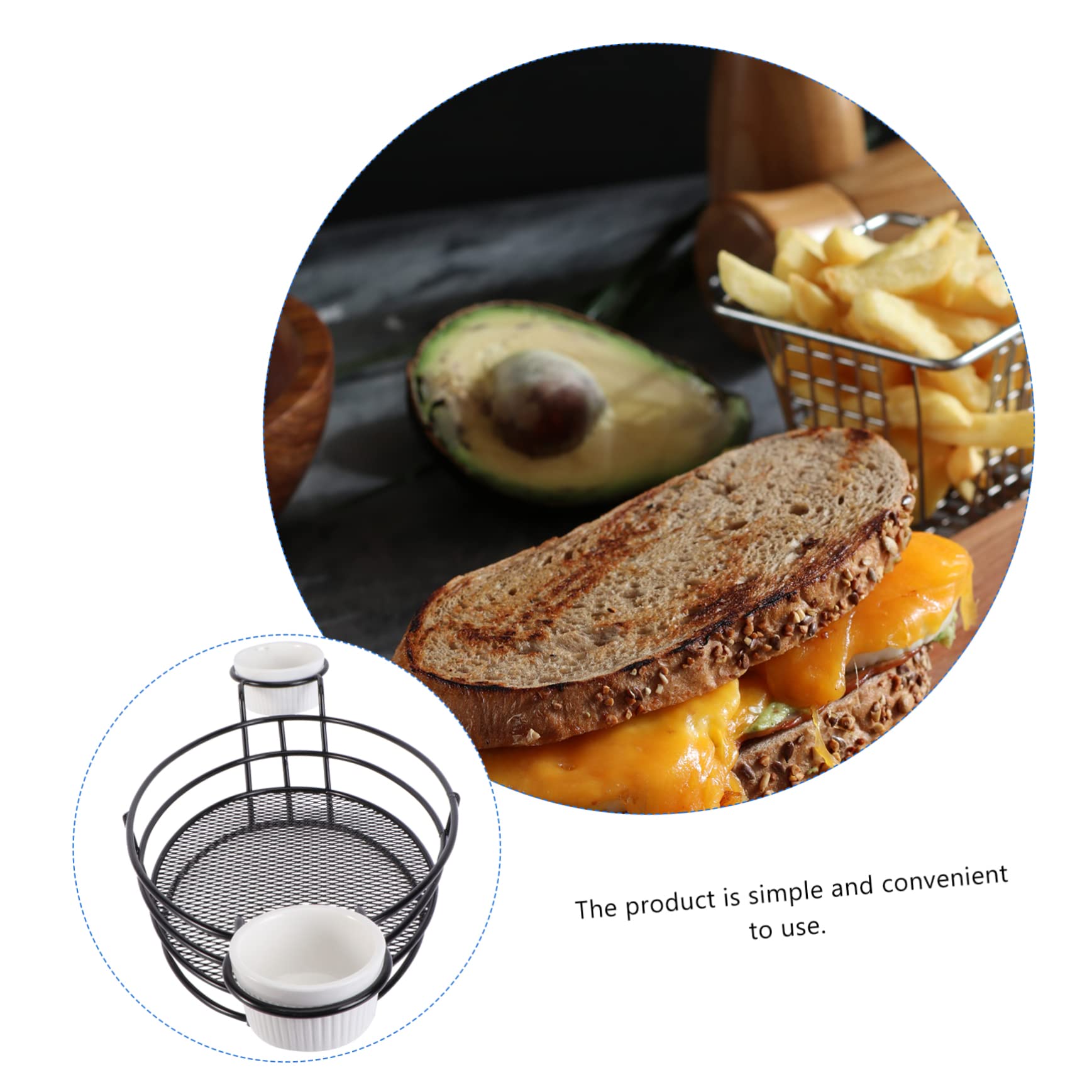 Cabilock 1 Set Chip Fry Baskets French Fries Baskets Fish and Chips Basket Holders Metal Food Snack Appetizer Serving Rack with Ceramics Sauce Cup for Kitchen Restaurant Buffet