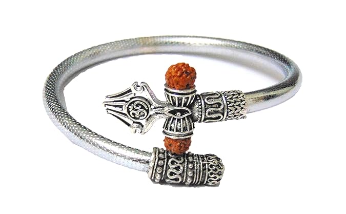 AusRich Bhagwan Bholenath Damru Rudraksha Trishul Silver Kada for Men Women Boys Girls