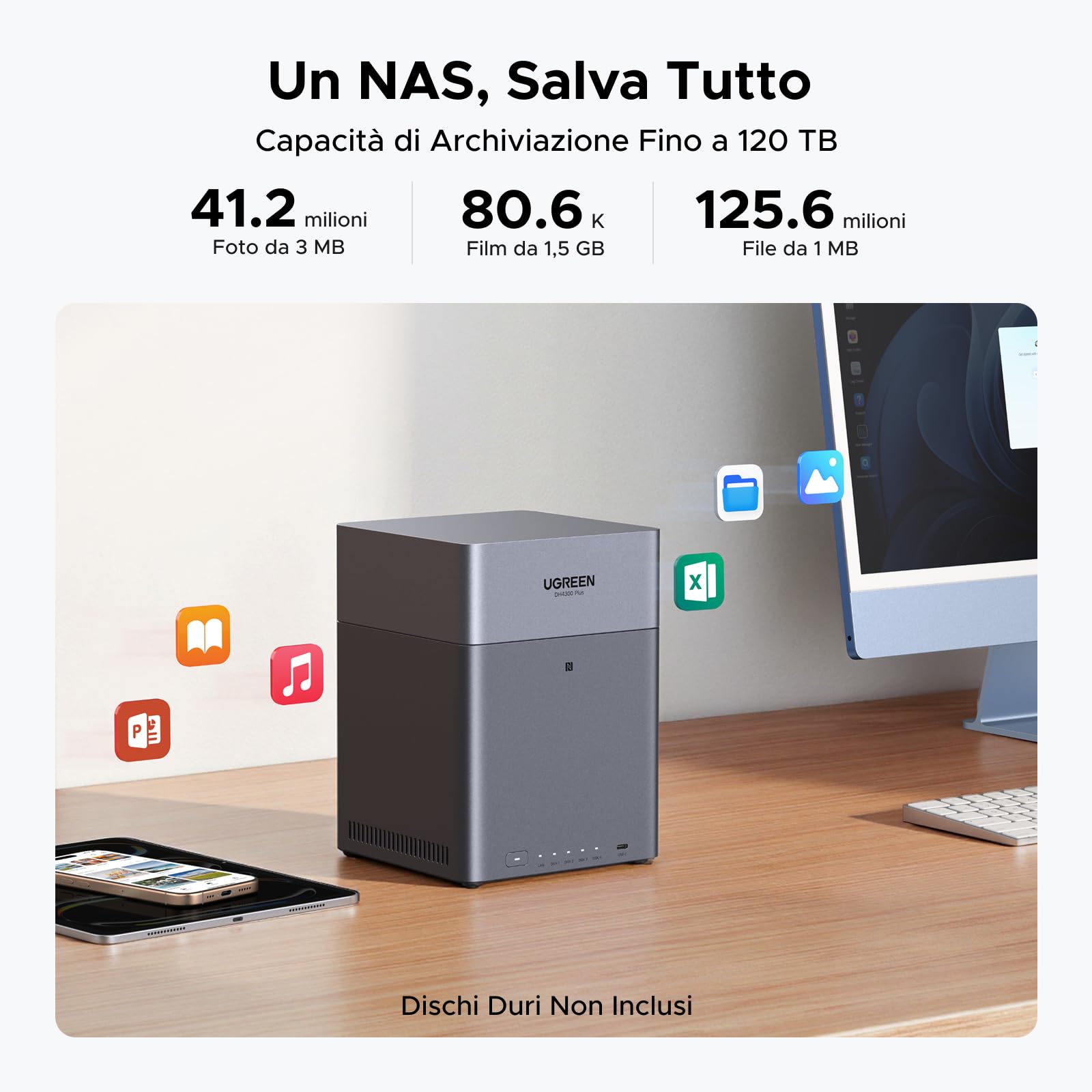 UGREEN NASync DH4300 Plus, NAS Desktop a 4 Bay, Porta LAN 2,5 GbE, SoC RK3588C, 8 GB di RAM, Connessione NFC One-Touch, Album Familiare/Bambino AI, Cloud Personale per Casa/Ufficio (Senza Dischi)