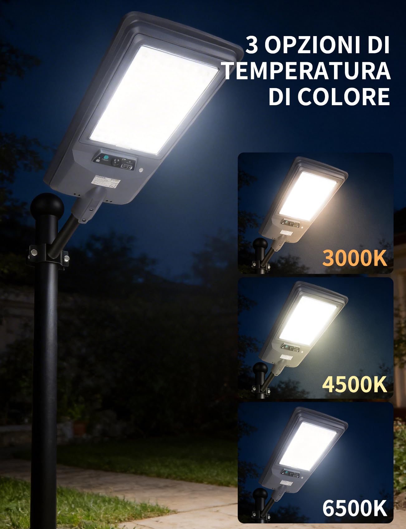 Aigostar 400W Lampione Solare Esterno, Batteria ad alta capacità da 20000 mAh, Regolabili 3000K/4500K/6500K, 4000LM, IP65, Supporto palo non incluso, Lampione LED per Giardino,Ingressi di Garage,2Pz