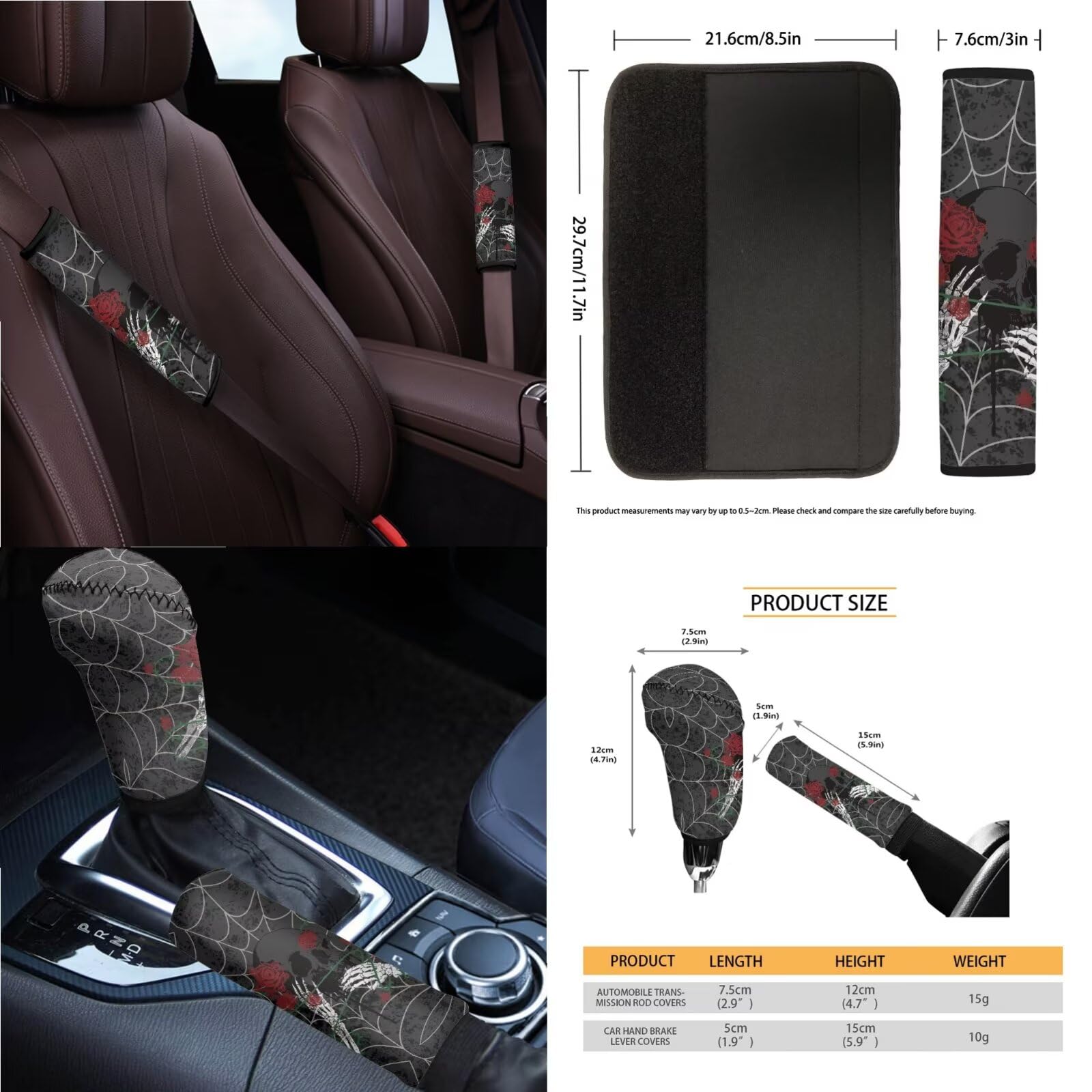 Set di coprisedili per auto, con stampa di ragnateli, anteriore e posteriore, coprivolante, leva del cambio + copri freno a mano, cuscino per bracciolo, cuscinetti per cinture di
