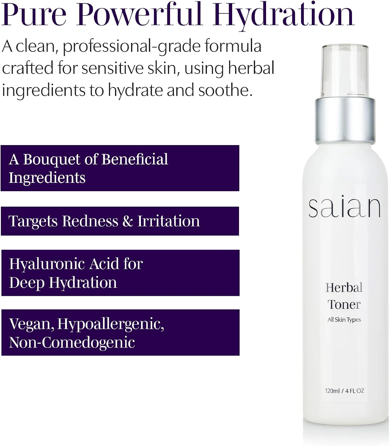Saian Herbal Toner - Hydrating Facial Toner with Hyaluronic Acid and Witch Hazel - Refreshing Face Mist for Soft Supple-Looking Skin and a Fresh Appearance with Calendula, Lavender, & Licorice - 4 oz
