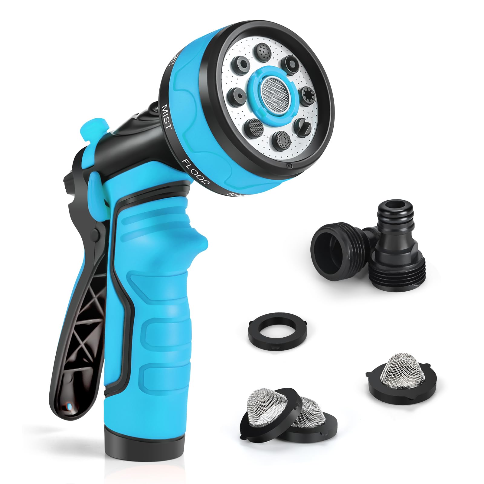 Acte Blue Hose Pipe Spray Gun, 8 Patterns Anti-Leak Garden Hose Spray Gun, High Pressure Anti-Slip Hosepipe Nozzle Gun For Car Washing, Pets Bathing, Gardening, Watering Lawn （Blue）