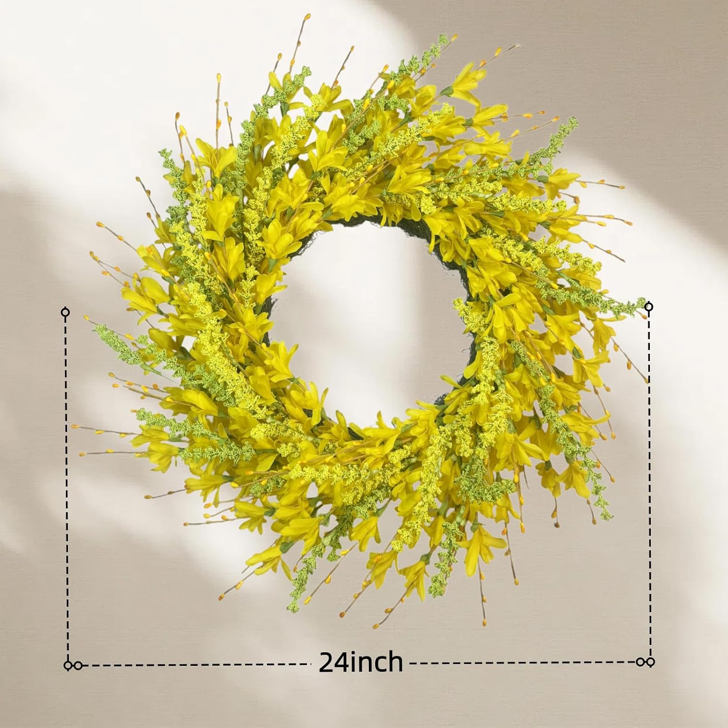 24 Inch Spring Summer Wreath for Front Door – Faux Forsythia Wreath – All-Season Indoor Outdoor Farmhouse Wall Window Porch Wedding Living Room Decor (Yellow)