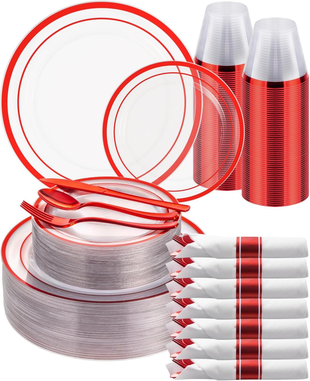 Goodluck 350 Pcs Red Plastic Plates, Clear Plastic Silverware Disposable Plates Set, Include 100 Plates, 50 Pack Pre Rolled Napkins with Silverware, 50 Cups for Party, Christmas, Graduation, Wedding
