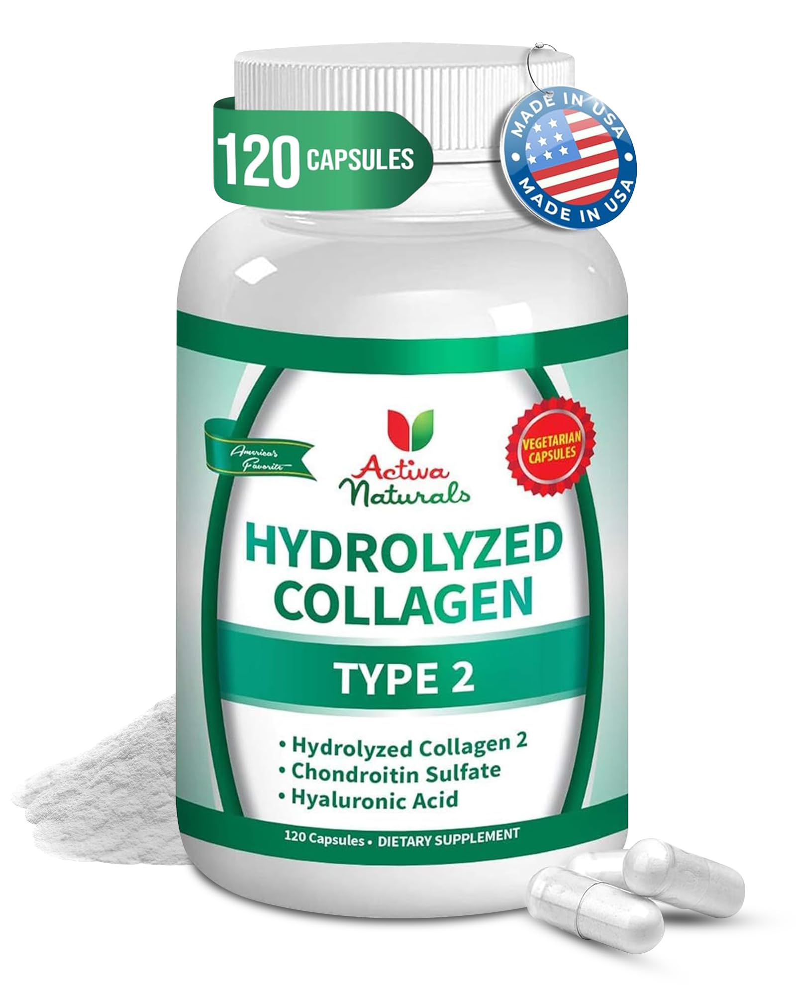 Collagen Type 2 Hydrolyzed Supplement with Chondroitin and Hyaluronic, for Healthy Hair, Skin, and Nails, No Fillers, Additives, and No Artificial Colors - 120 Vegetarian Capsules