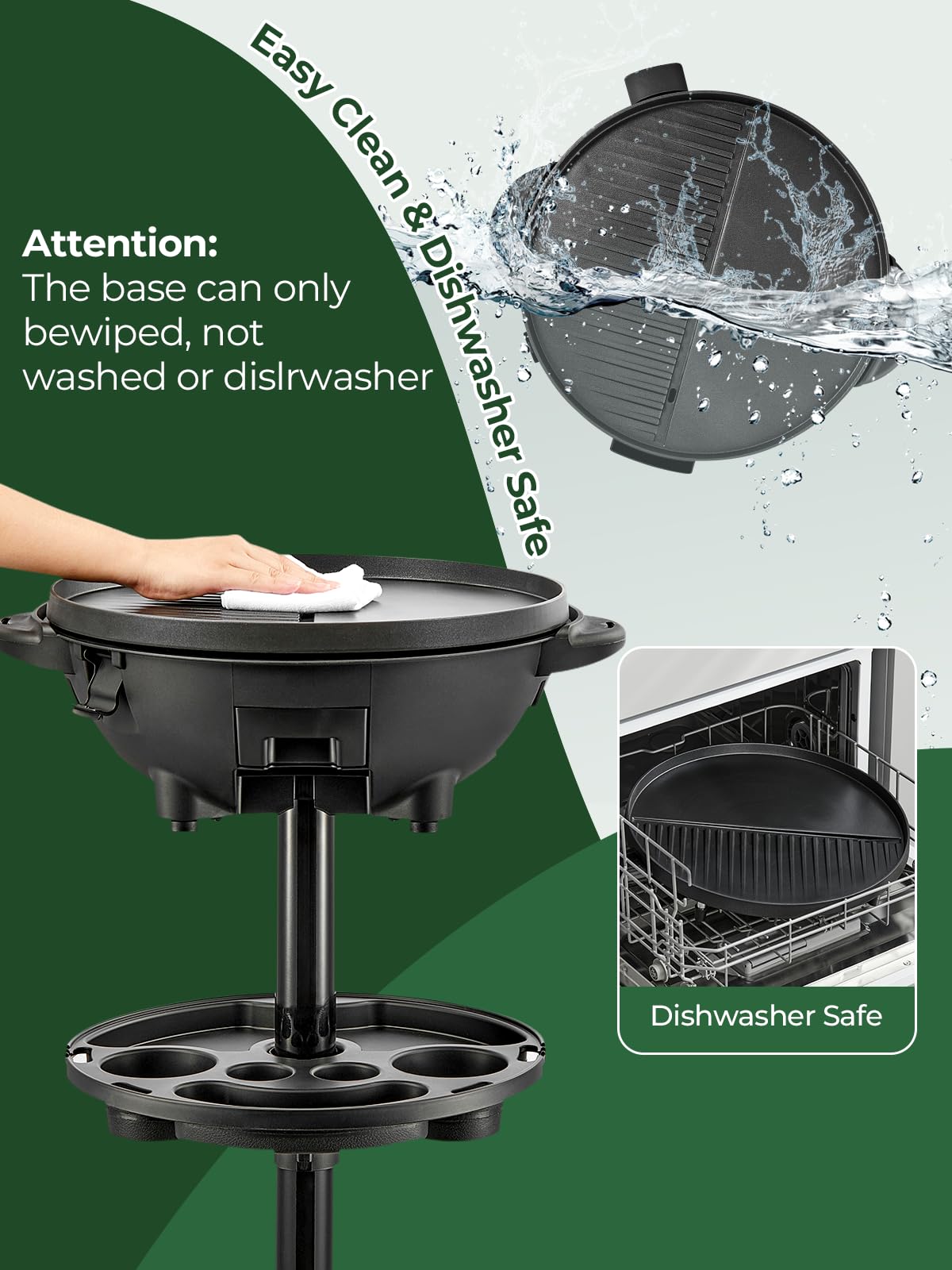 FOHERE 2400W Barbecue Électrique 2 in 1: Grill sur Pied & de Table, Température Réglable 0-300°C, 2 Zones Plaque Antiadhésive Ø41cm, Étagère à Condiments et Bac à Graisse, Noir