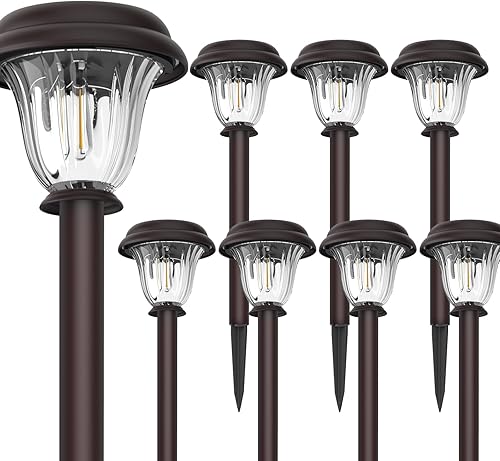 Miniatura 2 de DERAYSION Paquete de 8 luces solares para exteriores, luces solares de vidrio de acero inoxidable, encendido y apagado automático de larga duración,