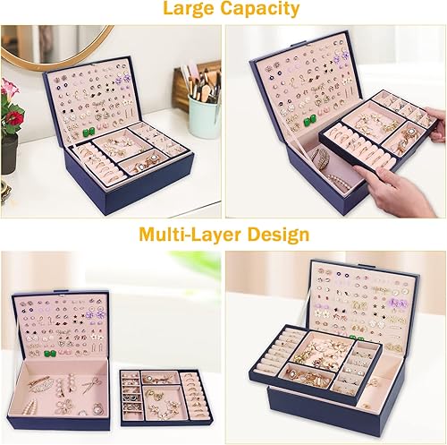 Miniatura 6 de Caja organizadora de joyas cajas de joyería grandes de piel sintética collares anillos aretes organizador de almacenamiento pantalla de doble capa