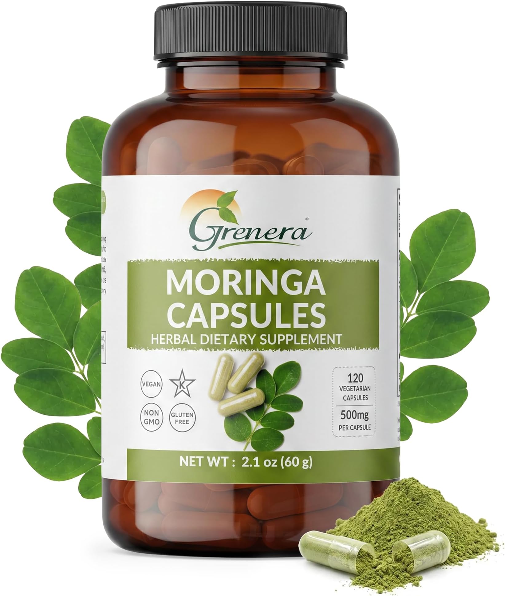 Grenera Moringa Capsules | 500mg Moringa Oleifera Leaf Powder | Vegetarian Capsule Shell | Non-GMO & Gluten Free | No Fillers or Binders | Easy Daily Plant-Based Supplement | 120 Count