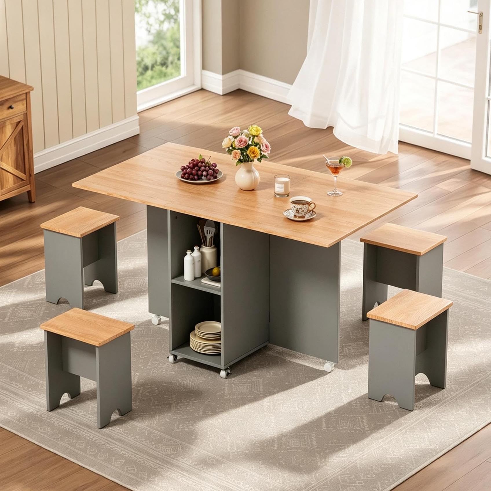 Warmiehomy Modern Folding Dining Table and 4 Stools Set, Drop Leaf Kitchen Island Table with Storage Shelves & Wheels, Mobile Dining Set for Small Spaces, Dining Room Kitchen Living Room, Wood & Grey