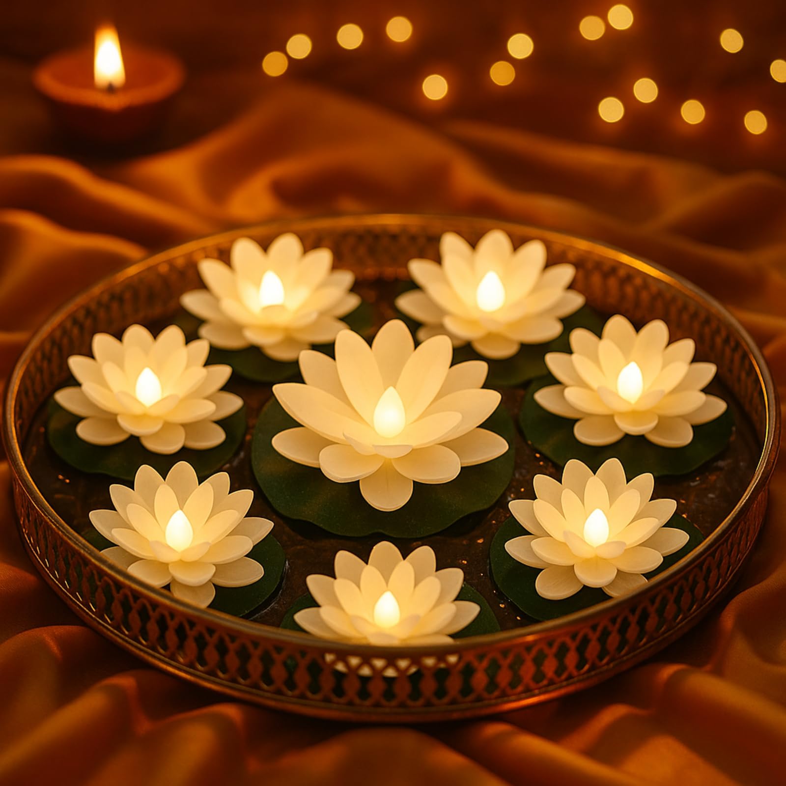 9 Pcs Diwali Lotus Decoration Floating Lights Lotus Artificial Floating Flowers for Pool with LED Lights Battery for Indian Puja Ganesh Diwali(3.94 Inch, 5.91 Inch,White, Yellow Light)