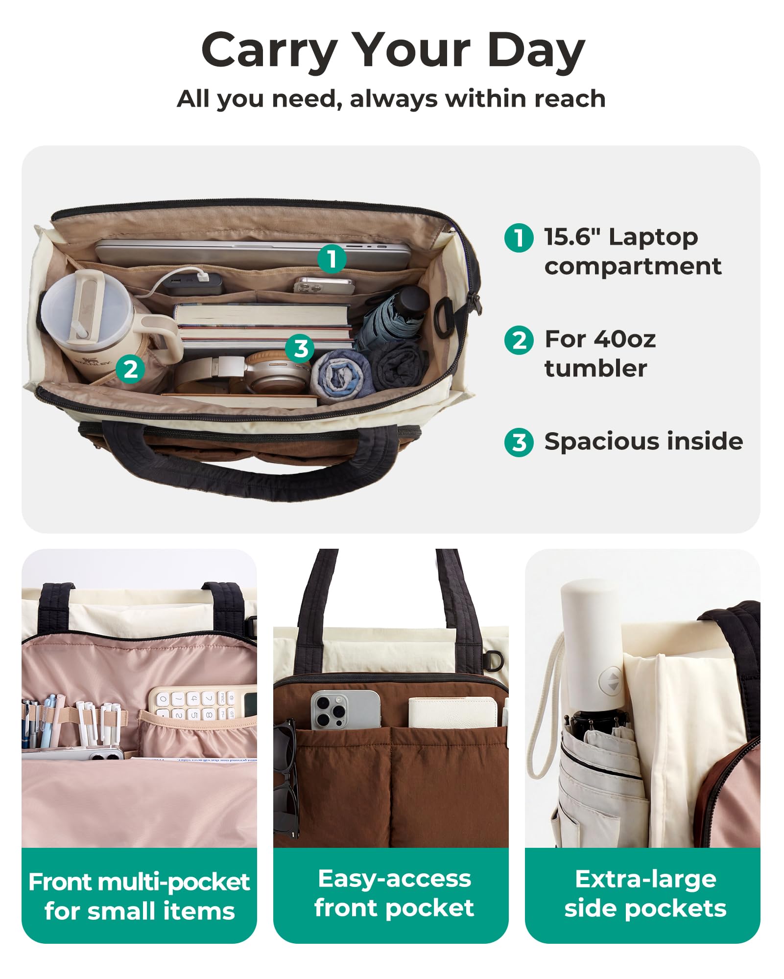 BAGSMART Tote Bag for Women Work, Puffy Travel Tote Handbag Gift for Teacher & Nurse | Medium-13" laptop, w/ 30oz cup holder, Large-15.6" laptop, w/ 40oz cup holder, For campus, work, mothers day gifts — view 7