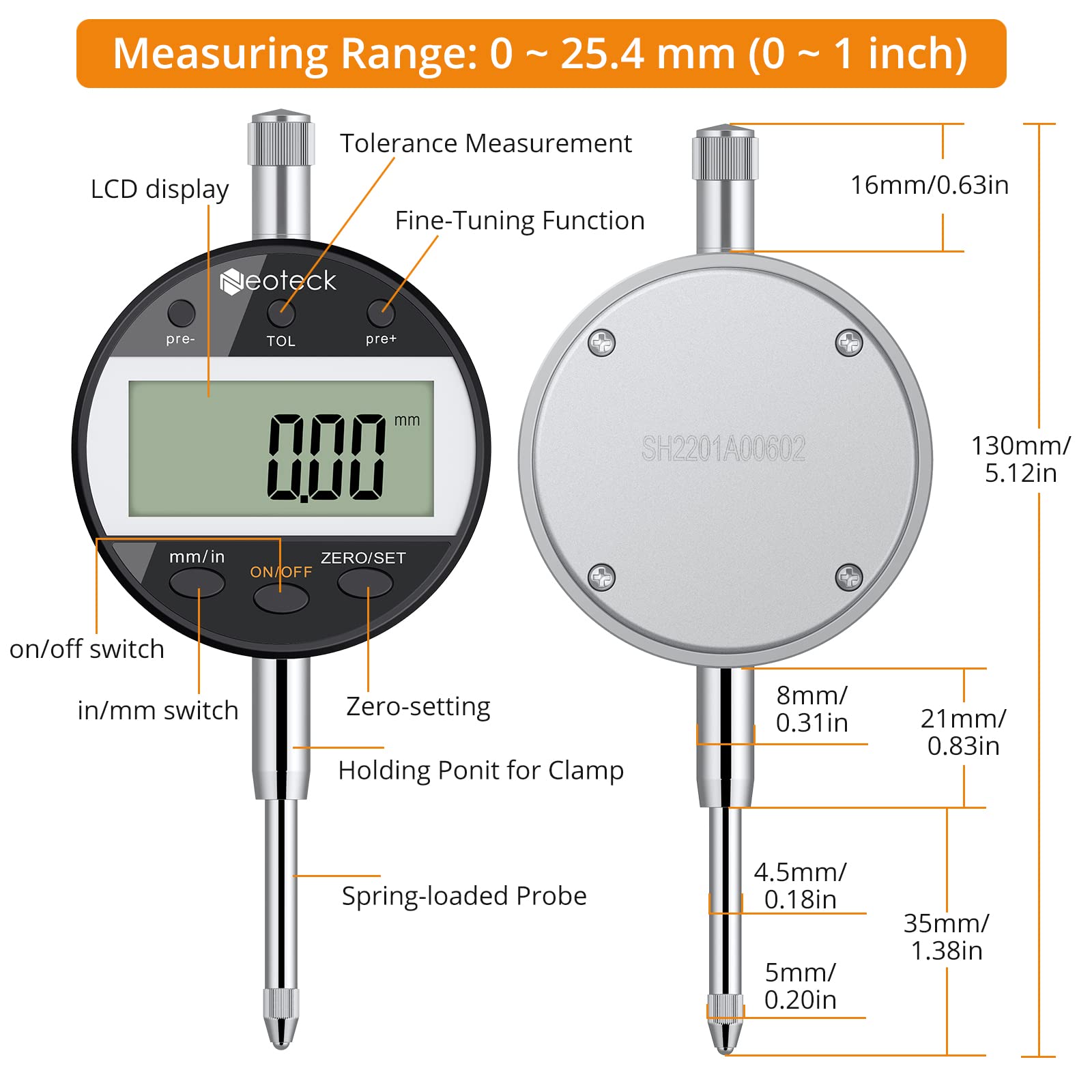 Neoteck Reloj Comparador0.01/0.0005'' Indicadora de Dial Digital y base magnética con Cable de Datos y Función de Tolerancia Conversión de Pulgadas/Métrica 25,4mm para Laboratorio Taller Impresoras 3D